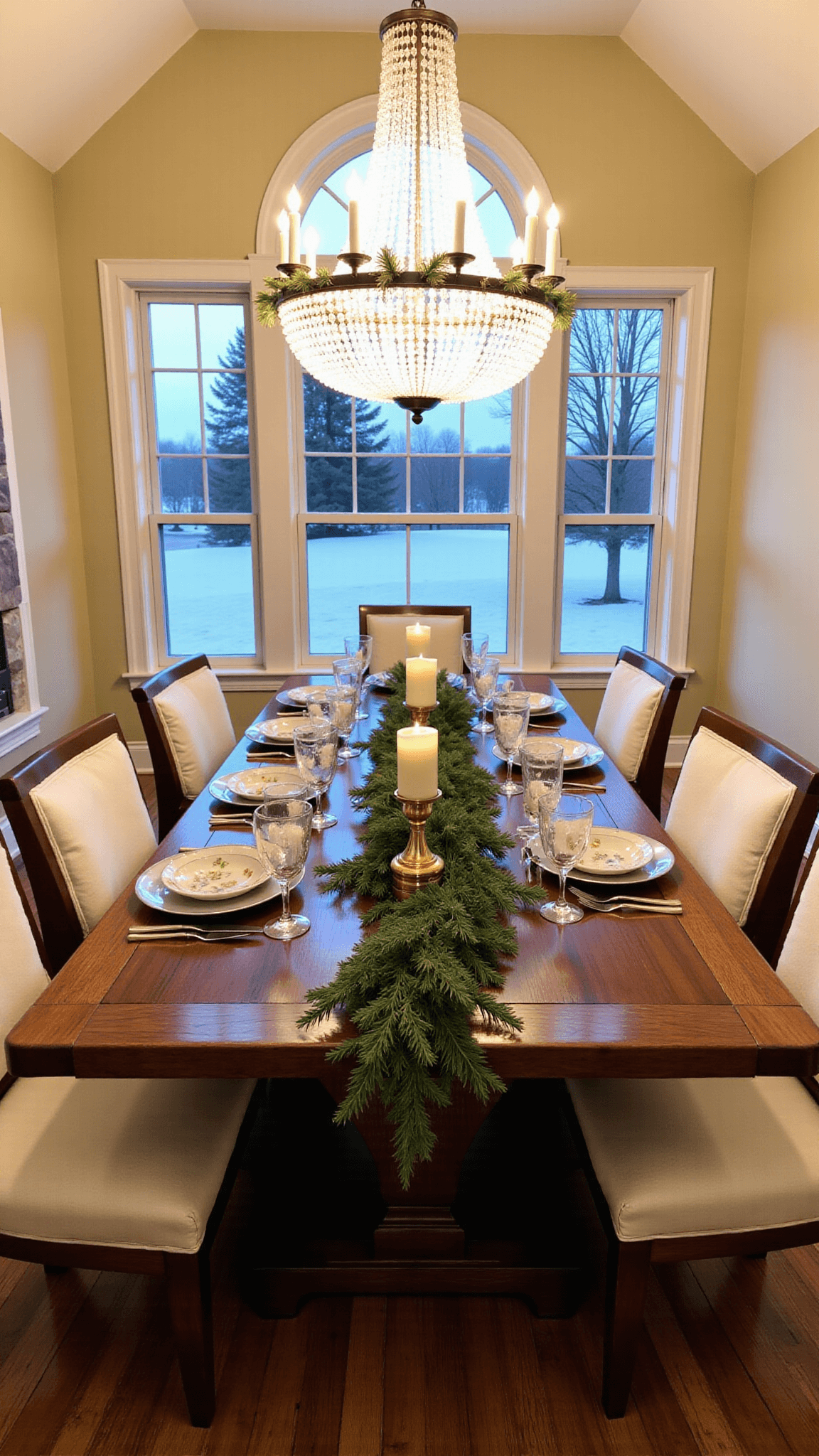Traditional styled holiday-ready dining room at dusk, featuring a 9ft mahogany farmhouse table with bench seating, a vintage crystal chandelier, pine garland, mercury glass and taper candles decorations. Warm glow fills the 20x24ft space with cathedral ceilings. Mixed lighting emphasizes rich wood tones, winter greens, and metallic accents.