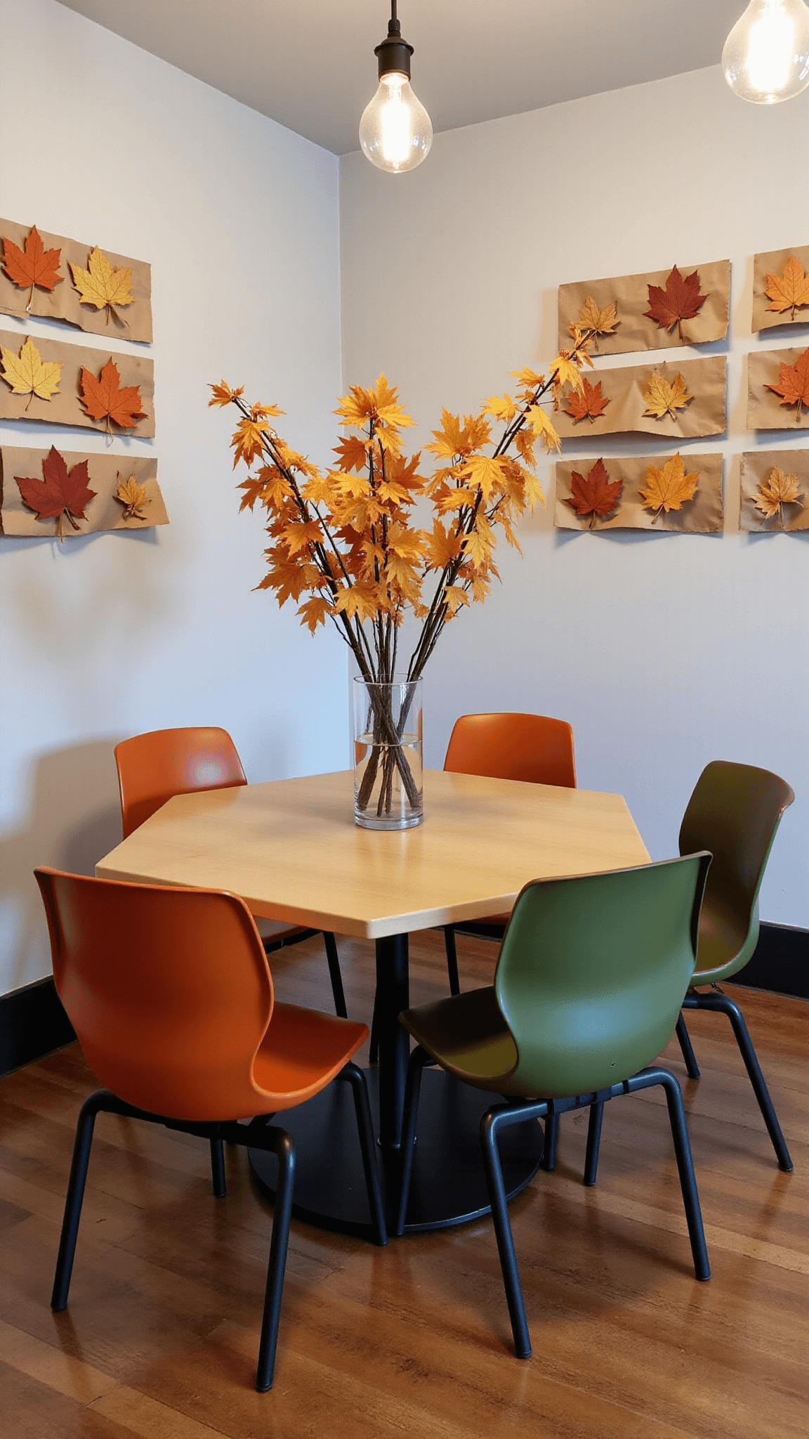 Overhead view of a student collaboration zone featuring hexagonal tables with modern chairs, glass vases with preserved maple leaves, illuminated by Edison bulb pendant lights, and surrounded by interactive word walls decorated with autumn vocabulary on kraft paper leaves.