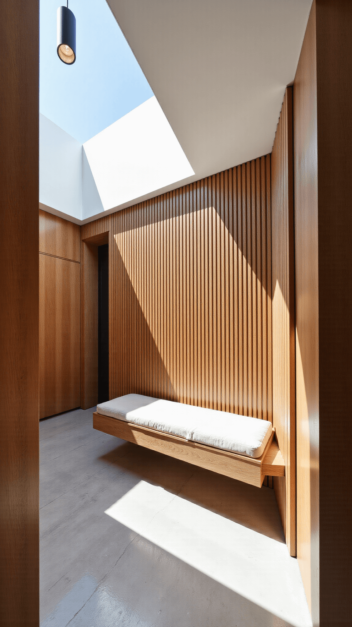 Minimalist entryway with skylight, wooden slat wall with LED lighting, oak bench with linen cushion, pendant light, and pale stone flooring.