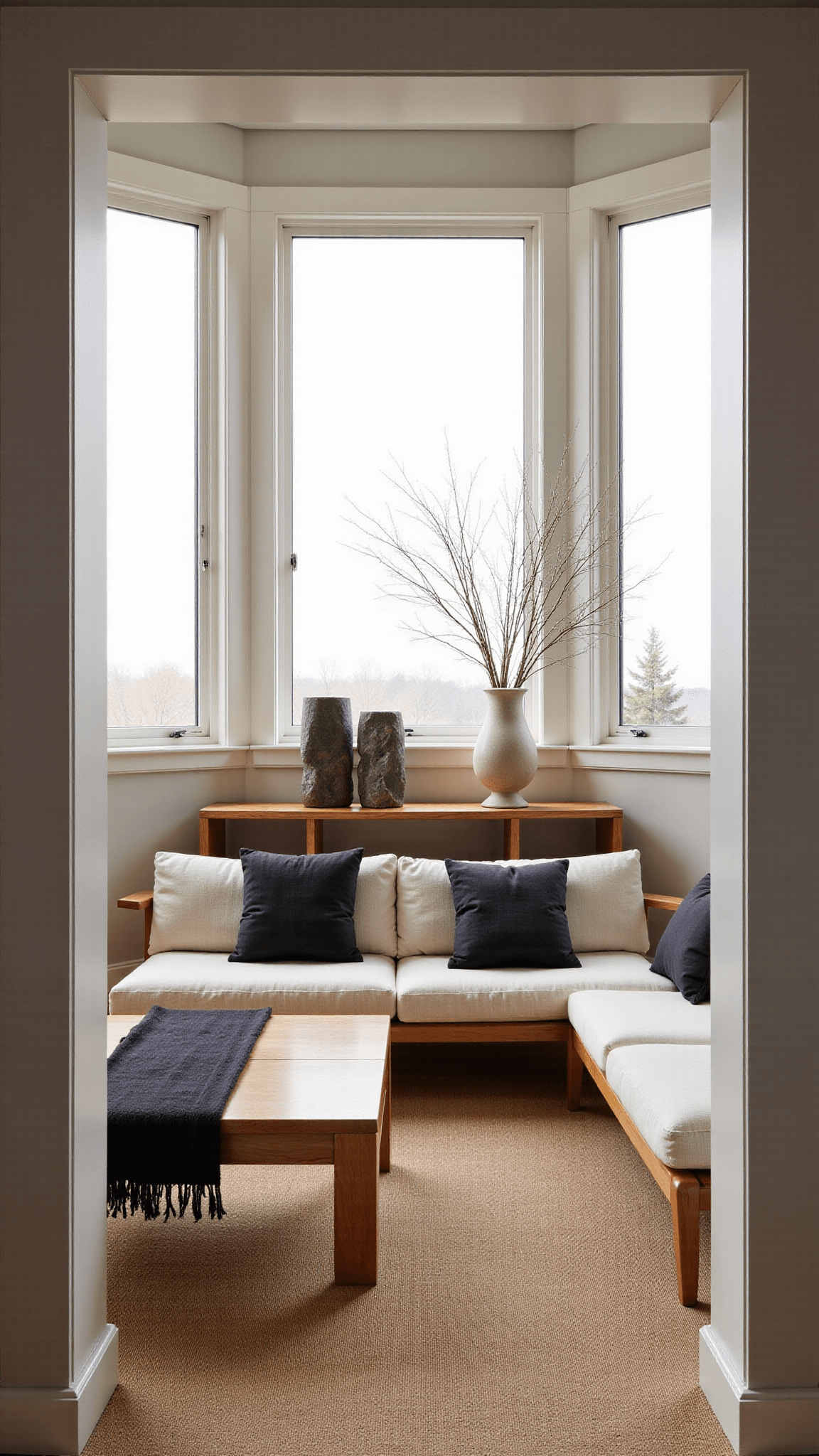Japandi sanctuary with floor-to-ceiling windows, a teak console, cream linen sectional with wool throws, bleached oak coffee table with ikebana arrangement, and various texture elements during golden hour.