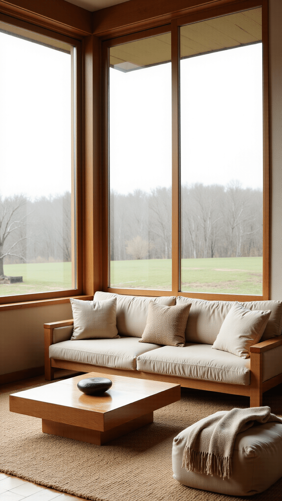 Sun-drenched 16x20ft Japandi living area with panoramic windows, minimalist furniture including a low-slung oak sofa, ceramic coffee table with a river stone, grass cloth wallcovering, and layered neutral textiles.