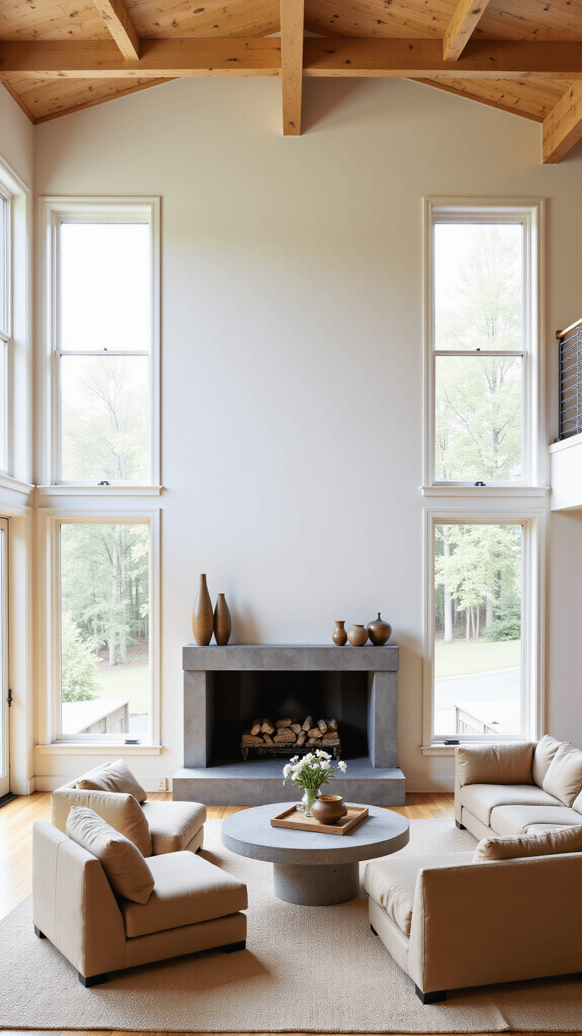 Japandi style great room with double-height windows, blonde wood ceiling beams, modular seating in natural canvas, minimalist fireplace with floating concrete hearth, and pottery decor illuminated by diffused midday light.