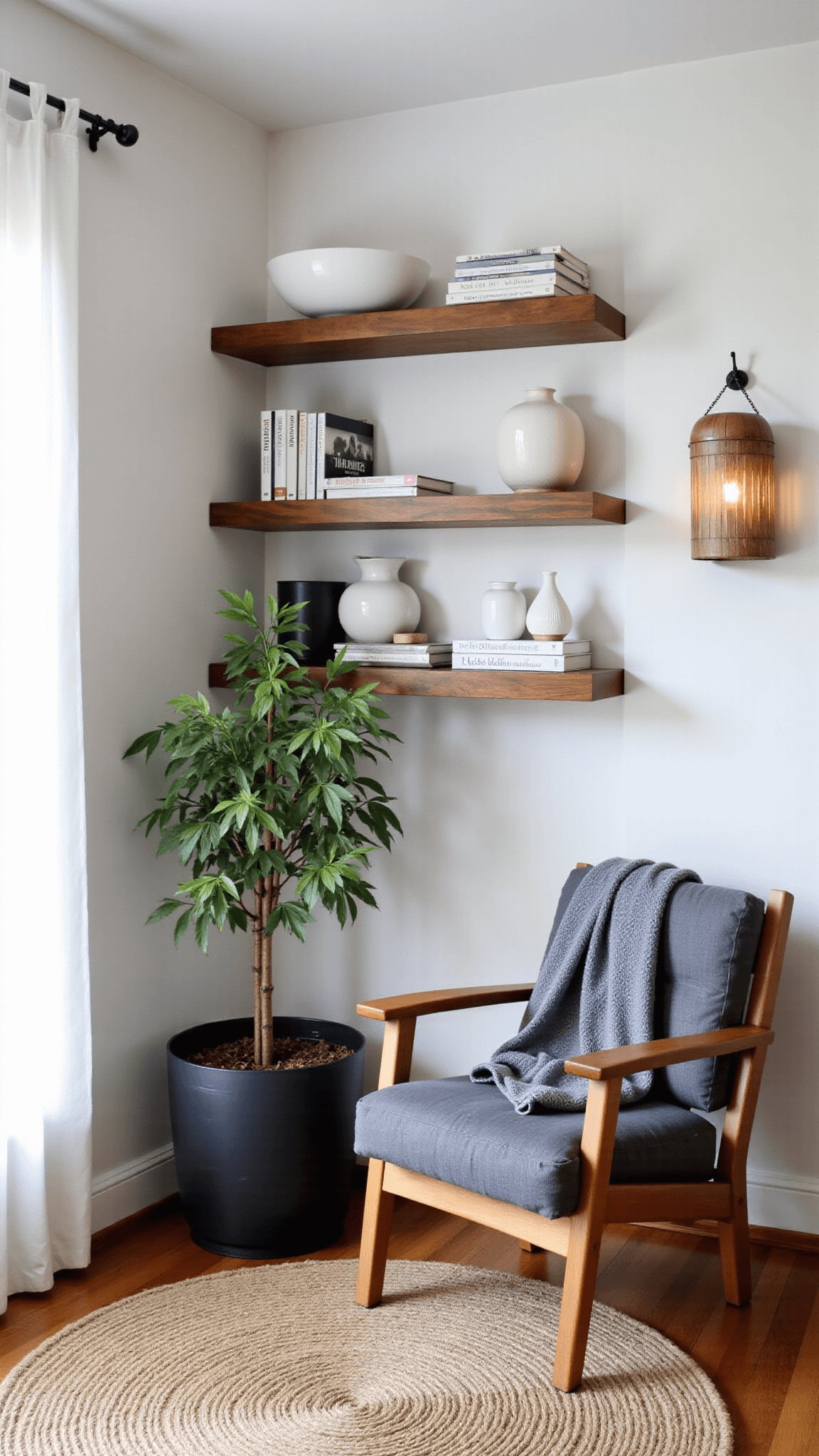 Cozy reading nook featuring a slate-gray armchair, oak shelves with white ceramics and art books, round jute rug, and potted bamboo in a black planter, bathed in soft midday light.