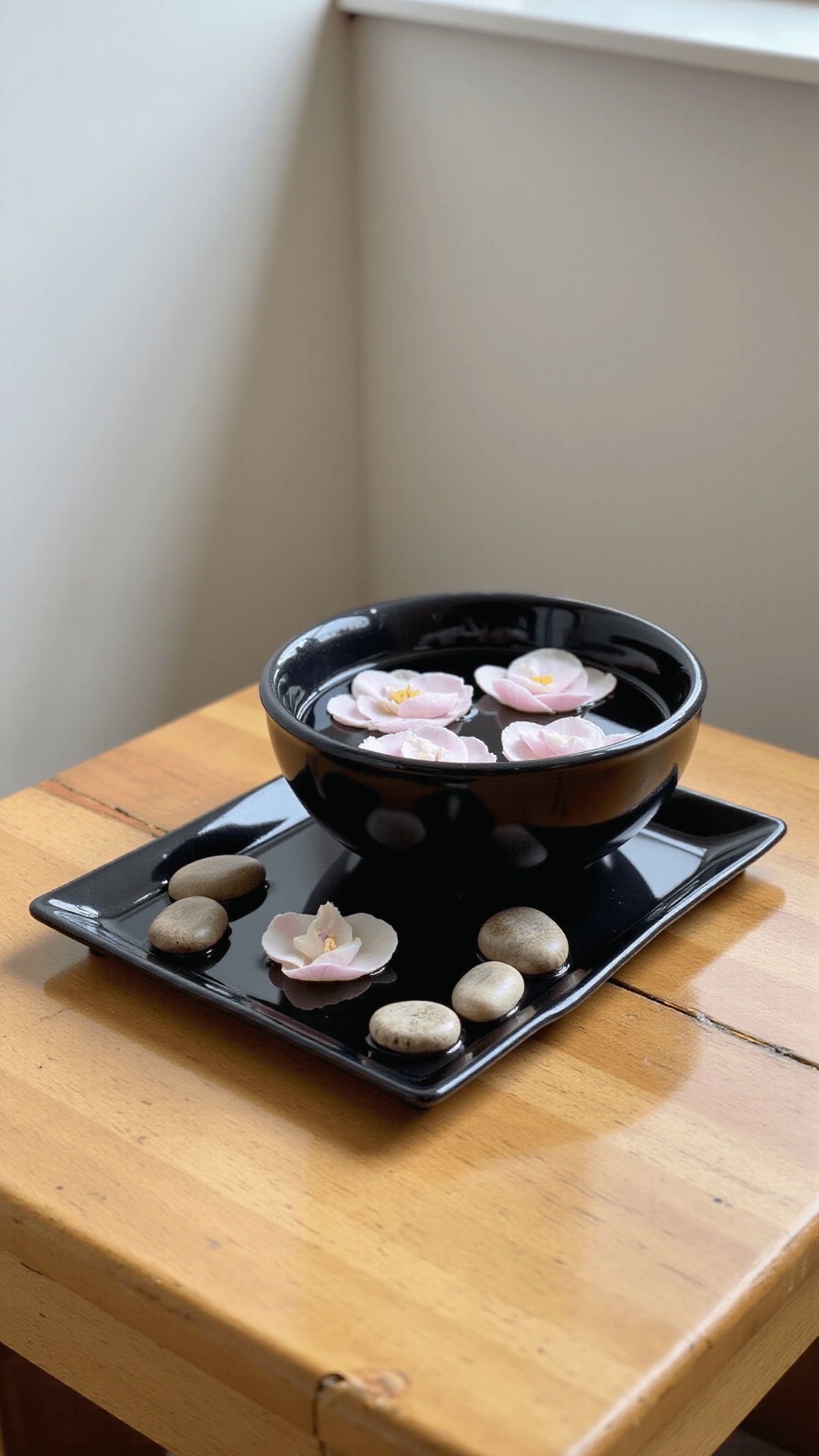Small oak table in a sunlit nook with a zen-inspired centerpiece consisting of a black ceramic bowl with floating camellia blooms, river stones, and reflections on the water's surface, captured at a 3/4 angle, featuring colors light oak, black, white, and pale pink flower accents.