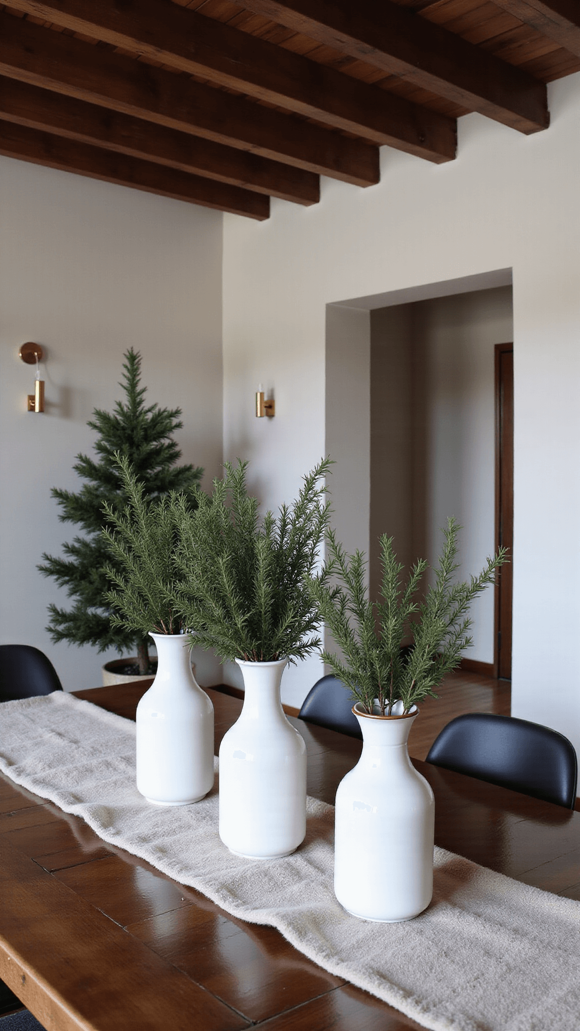 Winter Japandi-style dining room with walnut table, white ceramic vessels filled with pine branches and winter berries, greige wool runners, and warm minimal brass sconces, shot from a corner during the blue hour.