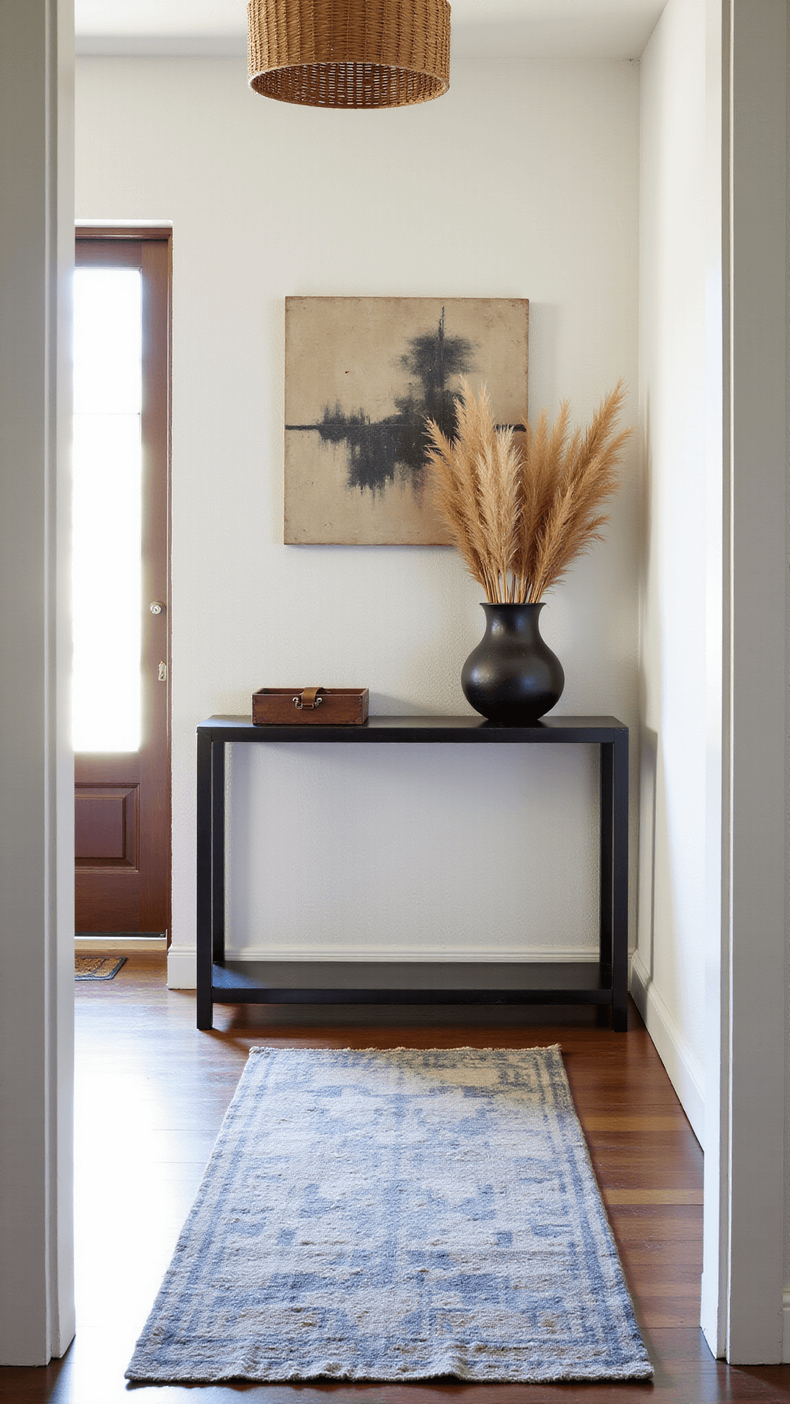 A warmly lit 12x16ft entryway featuring a muted indigo vintage rug, a minimalist blackened steel console with a ceramic vessel of dried pampas grass, textured plaster walls in warm white, an earth-toned abstract art piece, and a shadow-casting rattan pendant, viewed from the door frame to emphasize depth and a welcoming ambiance.