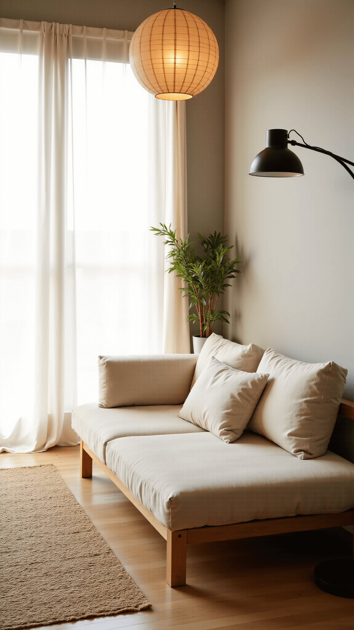 Japandi style living room at golden hour with white oak platform sofa, cream cushions, paper lantern pendant lamp, matte black floor lamp, natural jute rug, pale gray walls, and potted bamboo in corner
