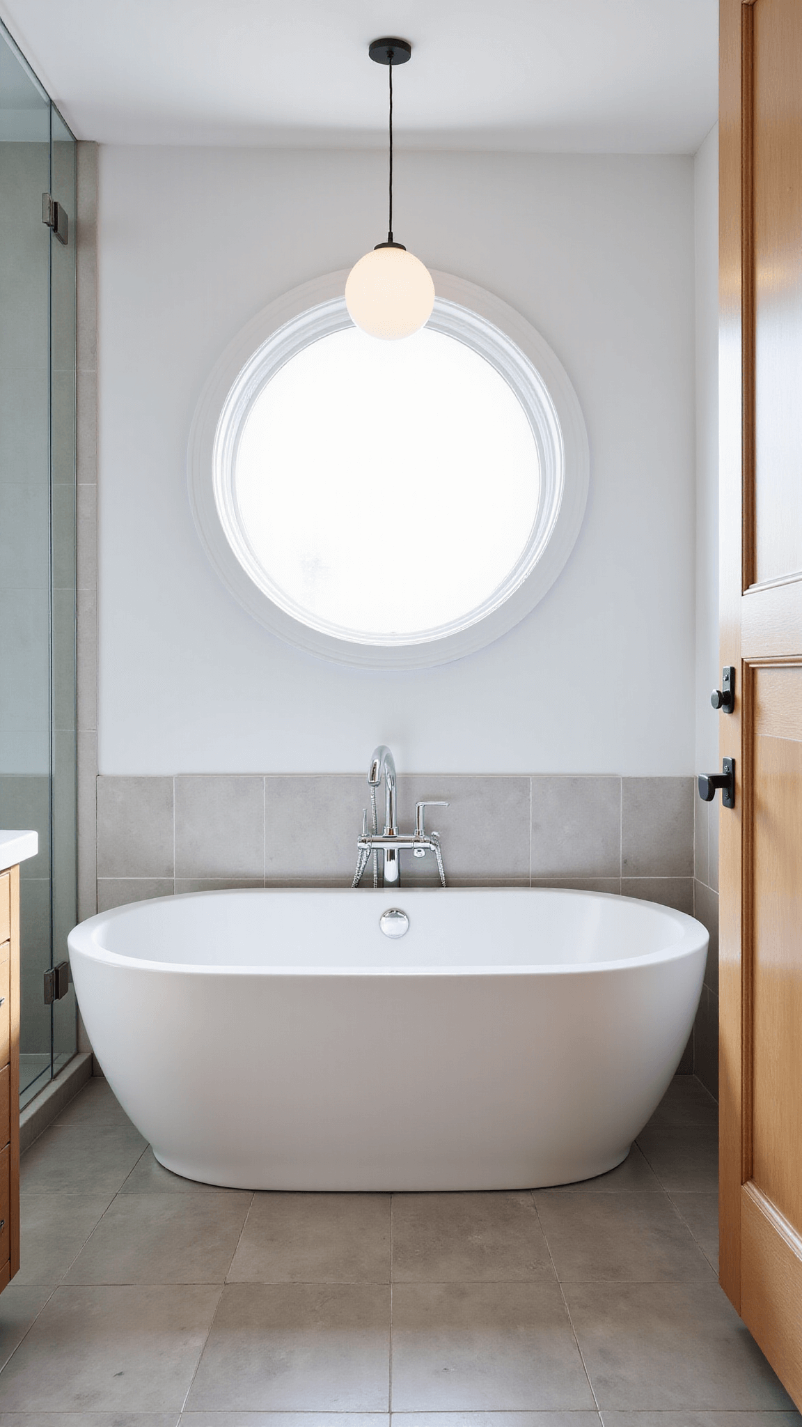 Luxurious primary bathroom featuring a white freestanding soaking tub beneath a large round window, bleached oak floating vanity with integrated lighting, and natural stone tiles in warm gray, illuminated by soft morning light.