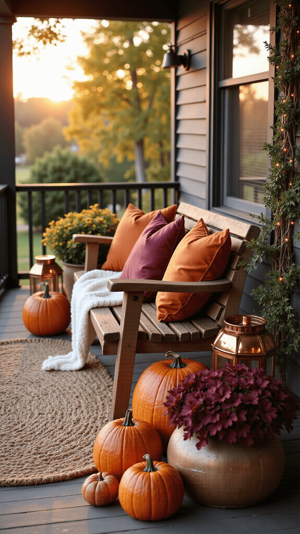 Vintage wooden porch swing with autumn decor bathed in warm golden hour light