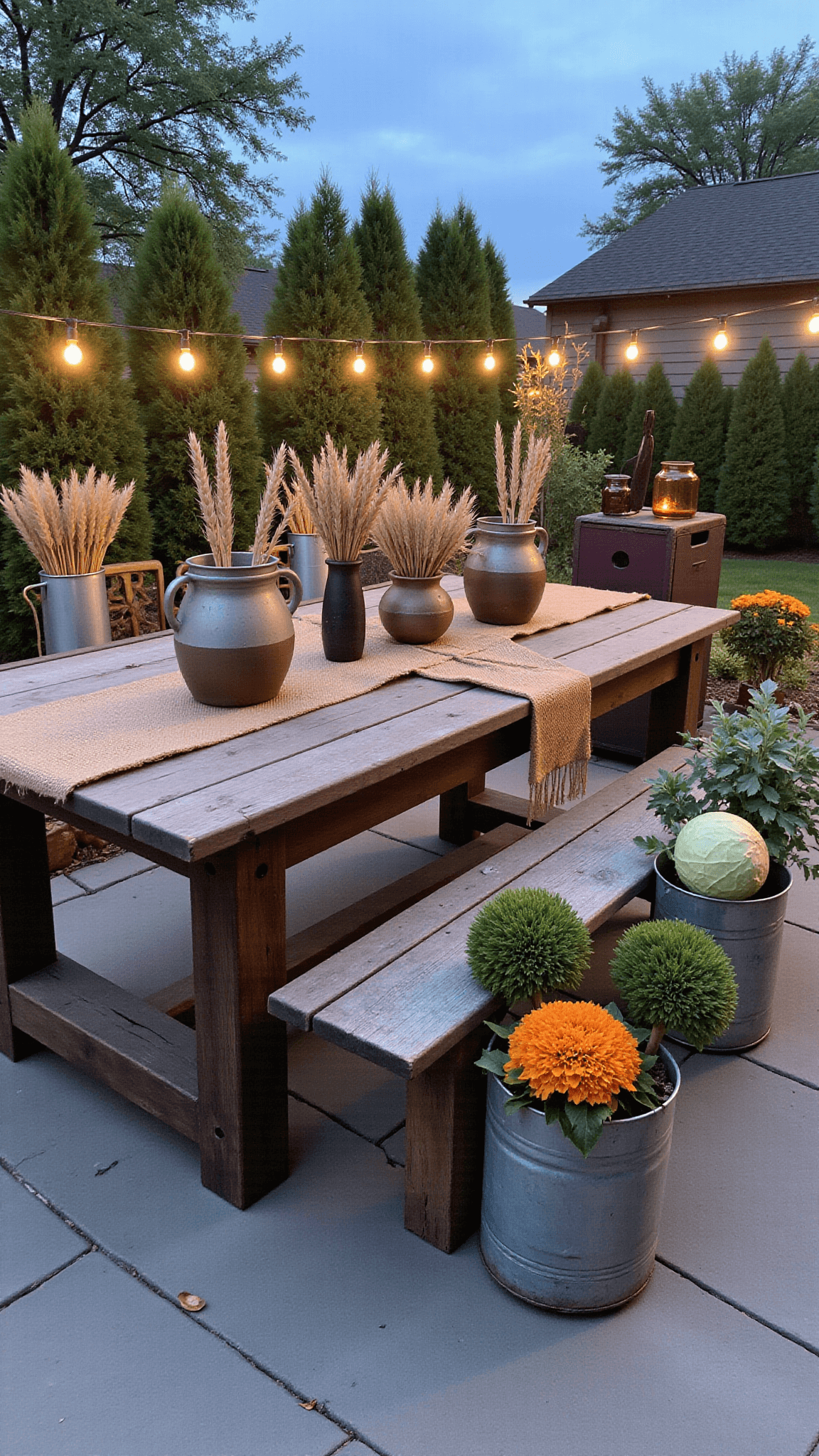 Rustic farmhouse-style patio with weathered oak table, burlap runner, ceramic vessels, vintage apple crates, and galvanized metal containers of flowers in warm gray, amber, sage green, and deep plum colors under soft morning light and overhead LED cafe lights