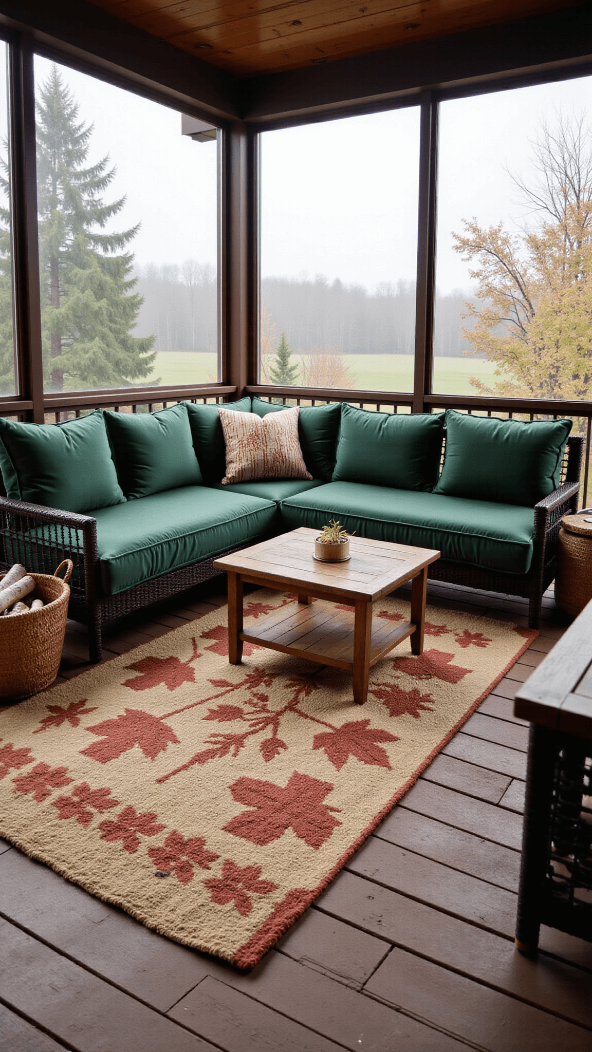 Luxurious outdoor sectional with waterproof velvet cushions on a cozy deck during misty morning light, complemented by autumn-patterned rugs, woven baskets with birch logs, and copper rain chains