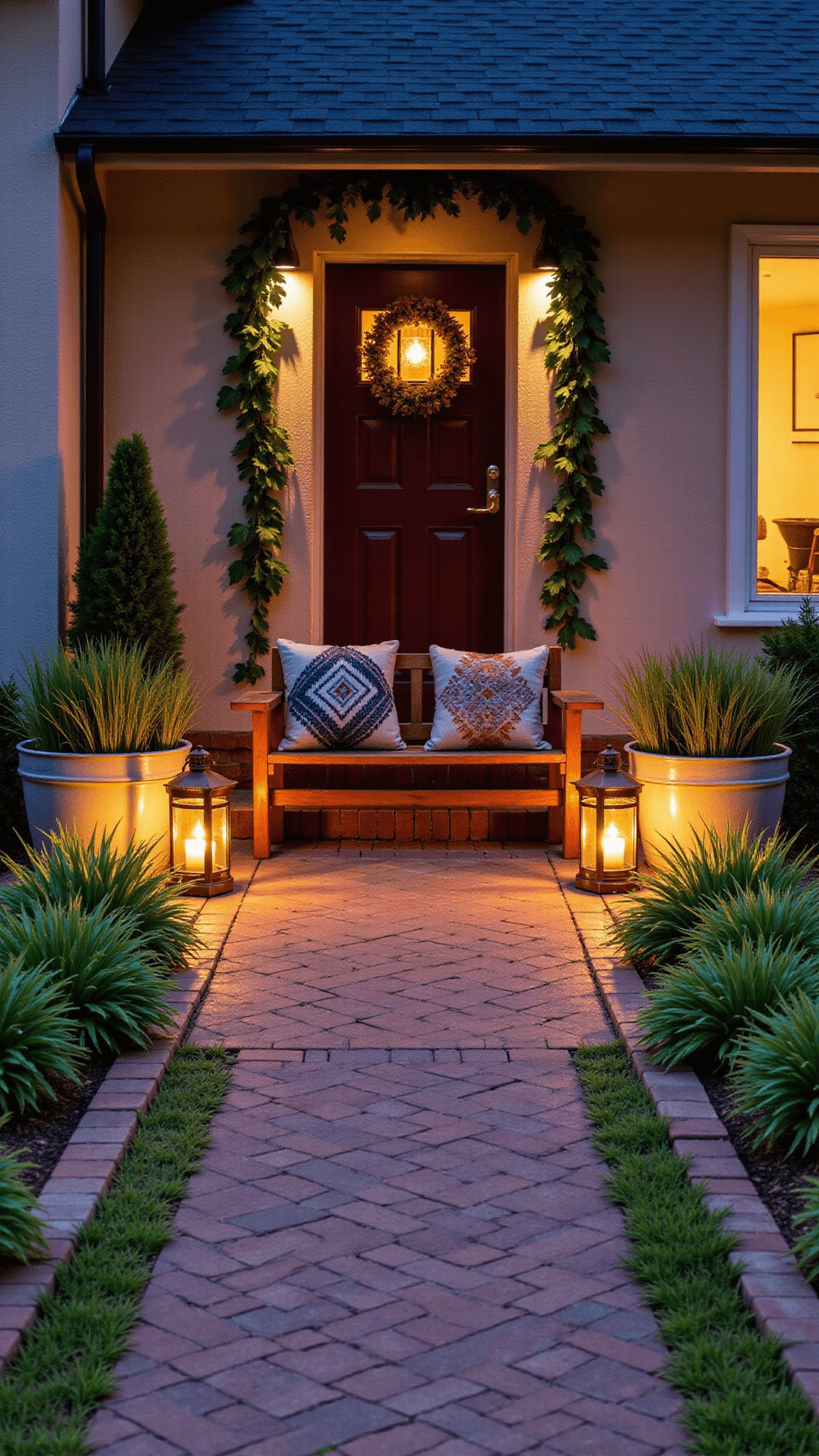 Dusk view of a welcoming entry garden with a brick herringbone path, glowing copper lanterns, vintage wooden bench, and doorway framed with an oak leaf garland