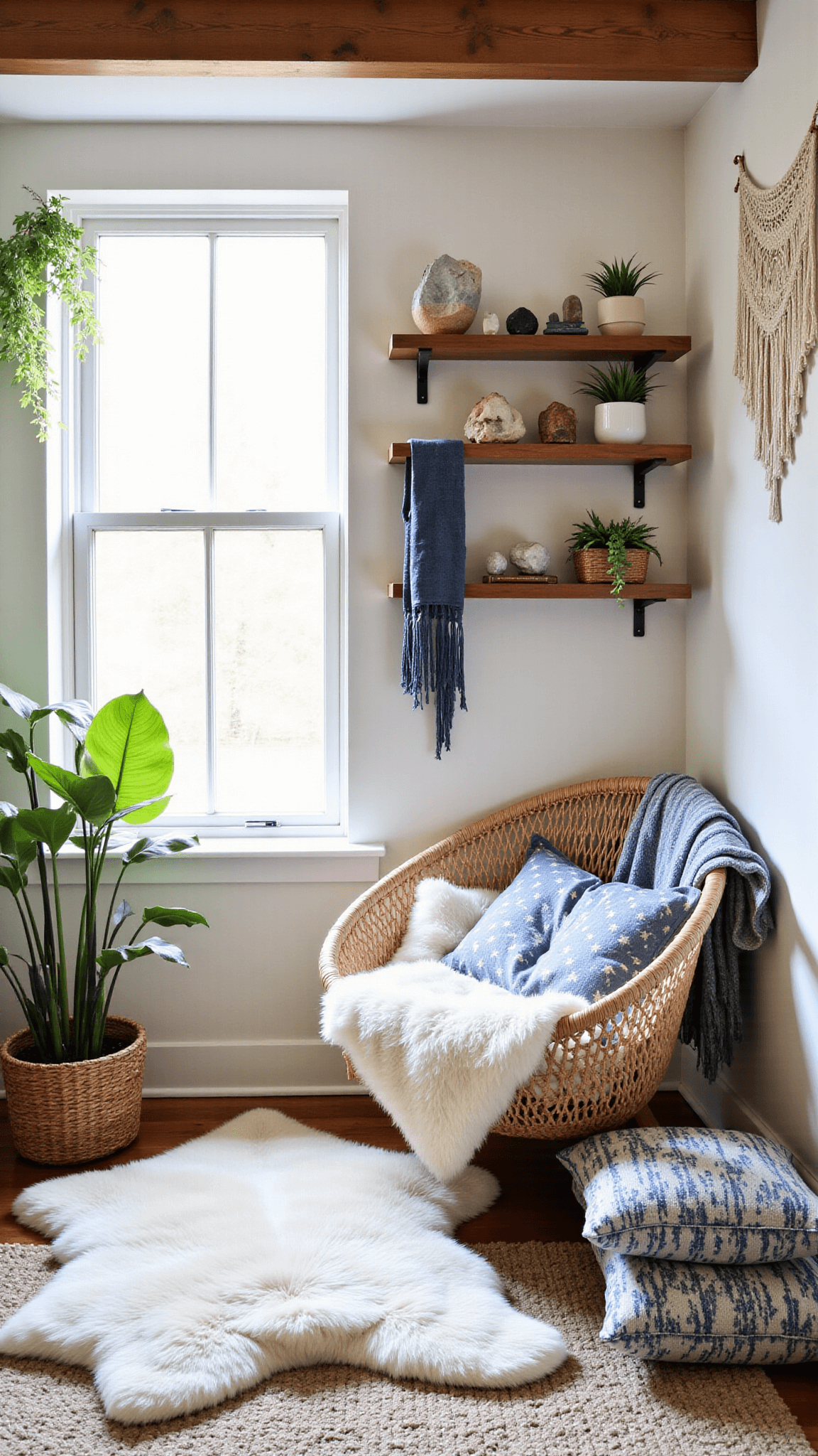 Close-up of a cozy 10x15ft reading nook illuminated by mid-morning light, featuring a handwoven hammock chair, floating shelves with crystals and air plants, indigo tapestries and macramé wall hangings, and plush sheepskin throws with embroidered floor pillows.