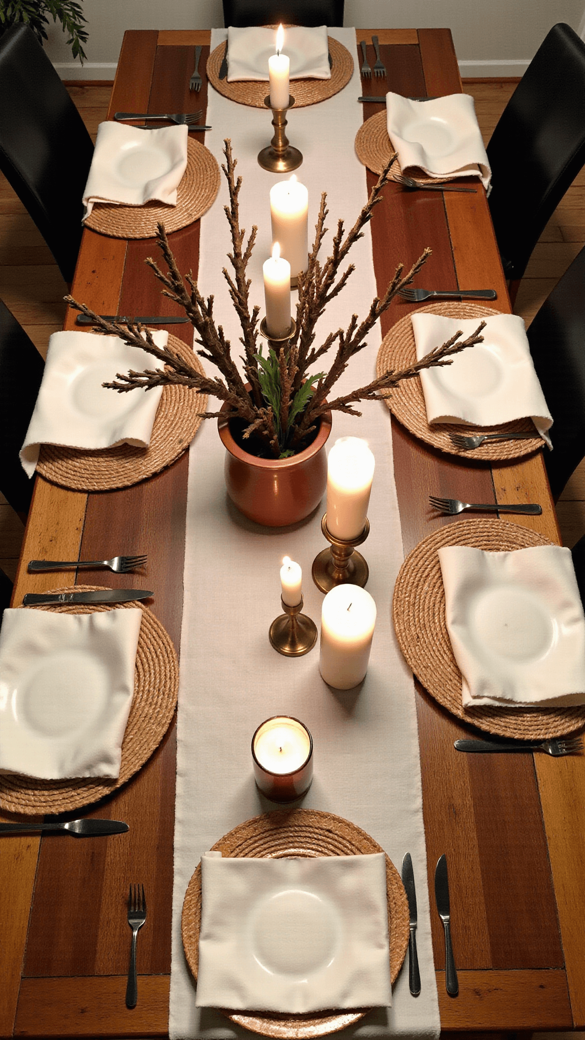 Overhead view of an elegant evening dining room table setup with candlelight ambiance, featuring raw linen table runner, organic arrangement of dahlias in an earthenware vase, beeswax tapers on brass candlesticks, and hand-thrown ceramic plates on woven placemats.
