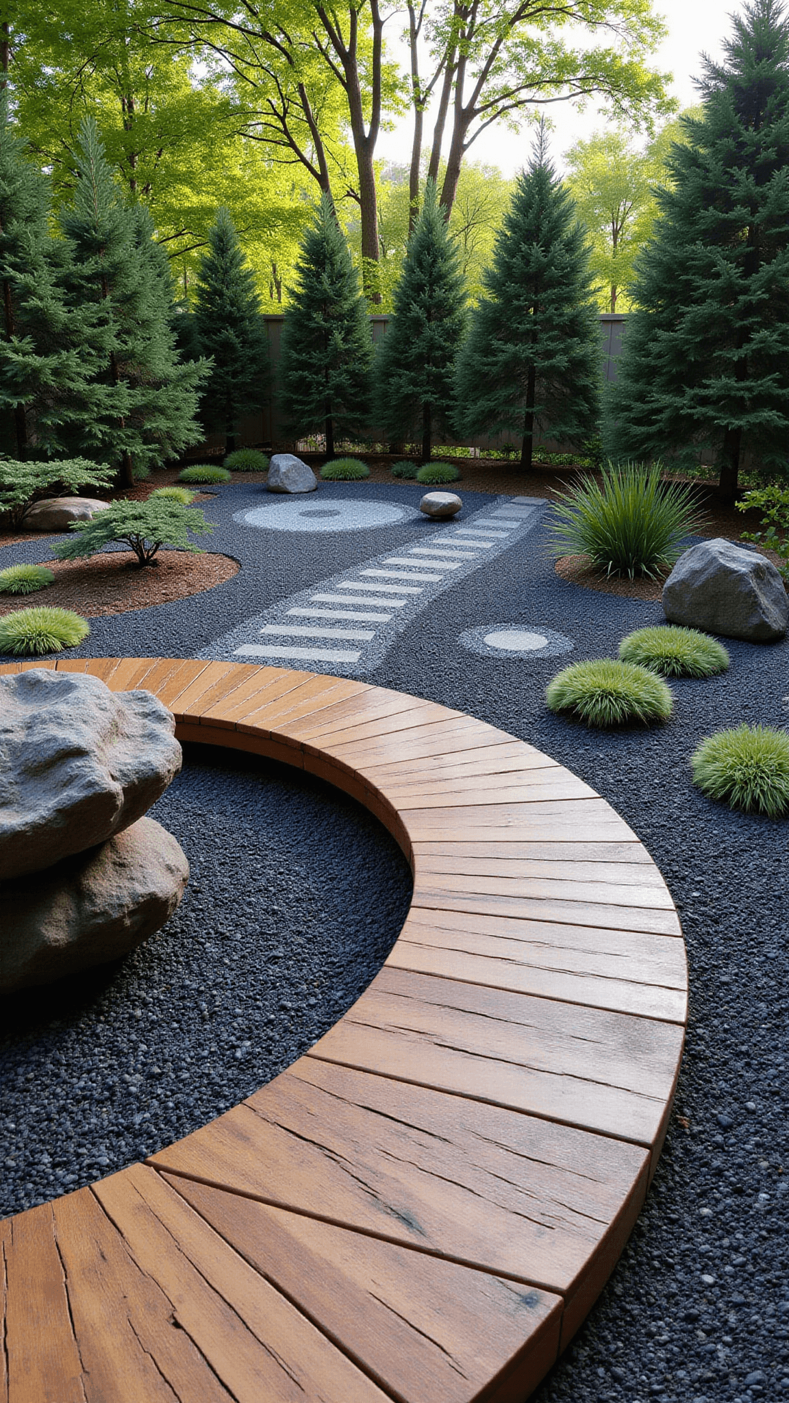 Wide-angle view of a luxurious Zen garden with wooden deck, intricate gravel patterns, natural stone water feature, and well-placed vegetation in late afternoon sunlight