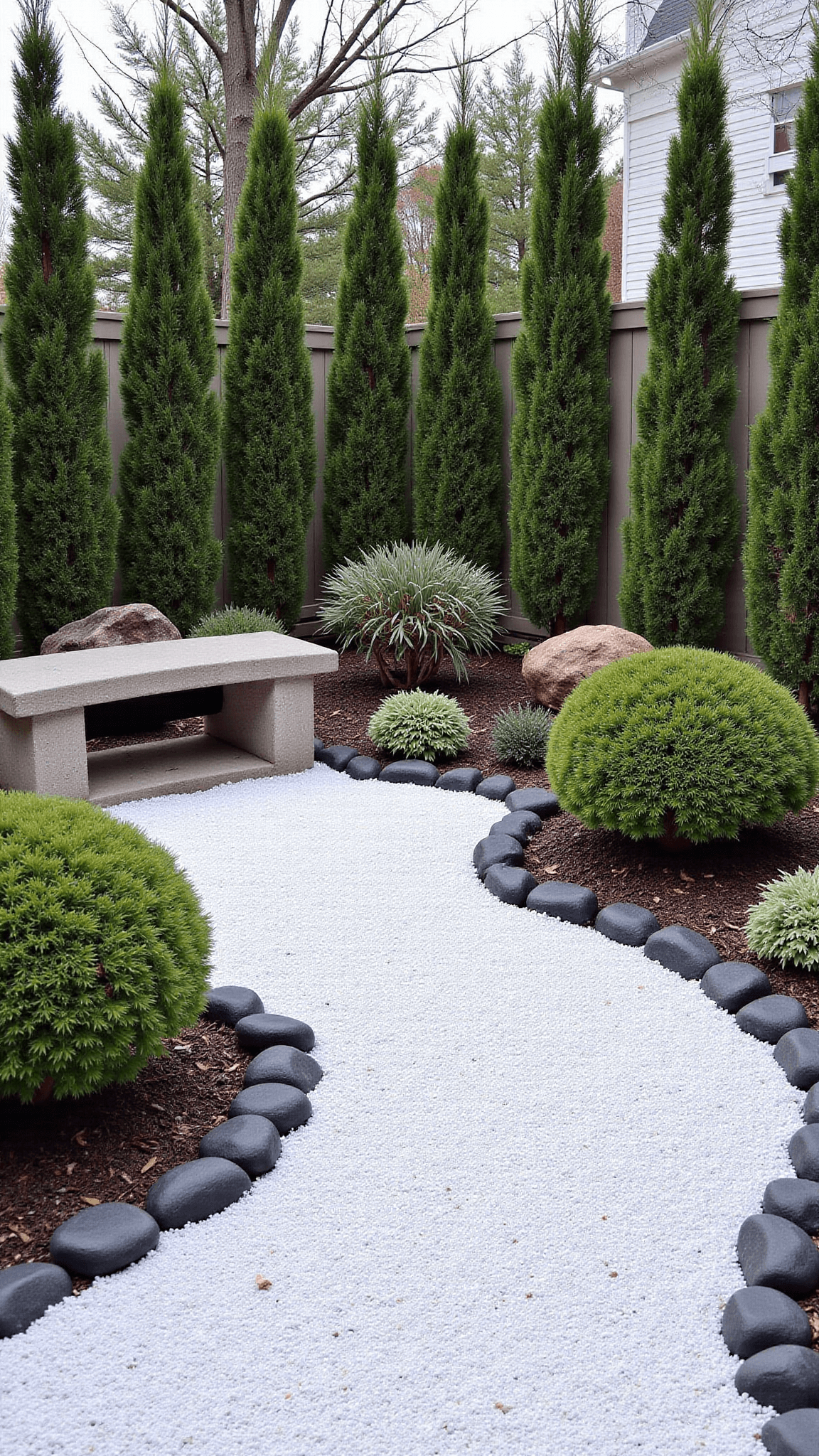 Mid-level view of Four-Season Zen Garden with cloud-pruned pines, boxwood, snow-white gravel, charcoal stone edging, a heated stone bench, and winter-hardy succulents in soft overcast lighting