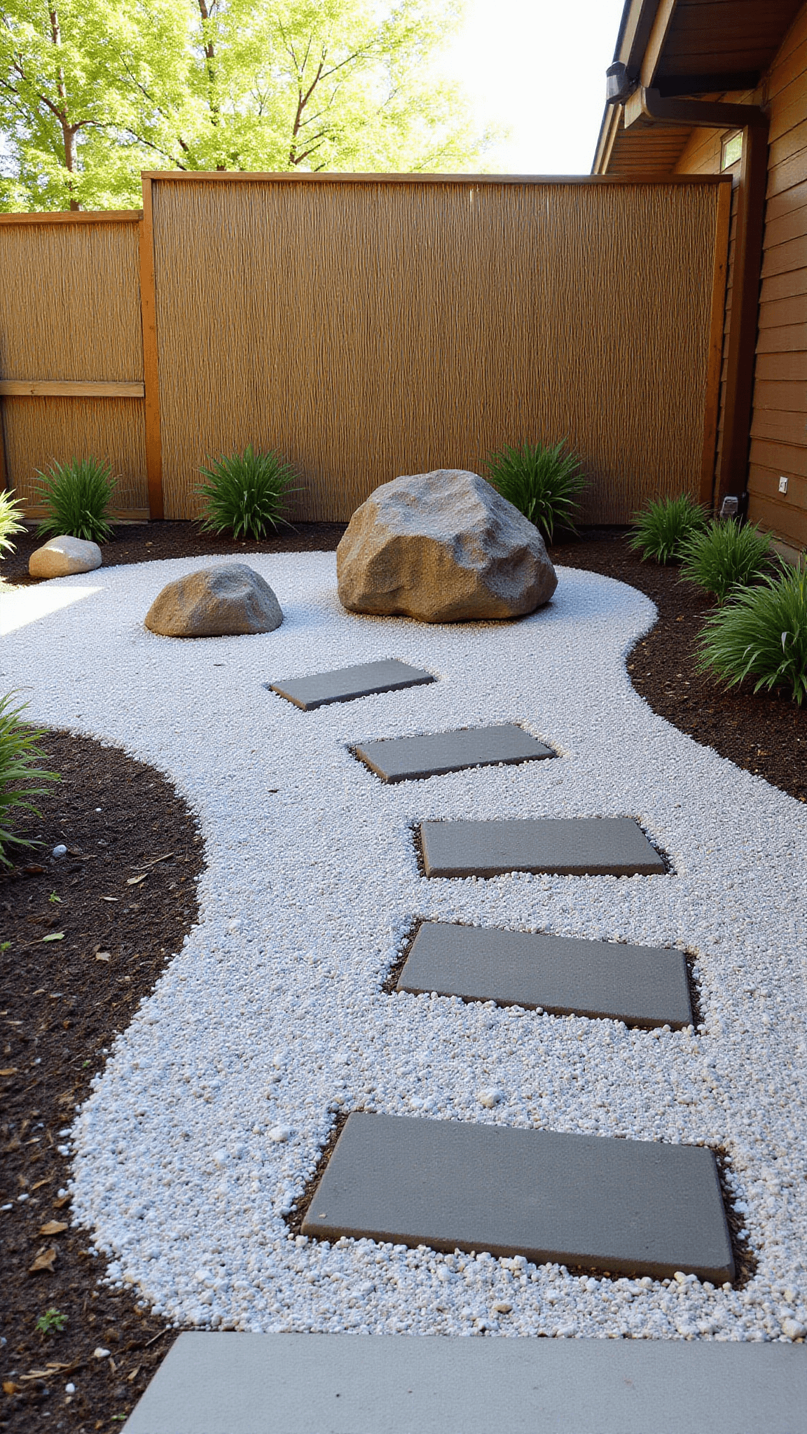 Ground-level view of a budget-friendly Zen garden featuring locally-sourced boulders, gravel patterns, native grass specimens, DIY bamboo fence, and repurposed concrete stepping stones in earthy color palette.'