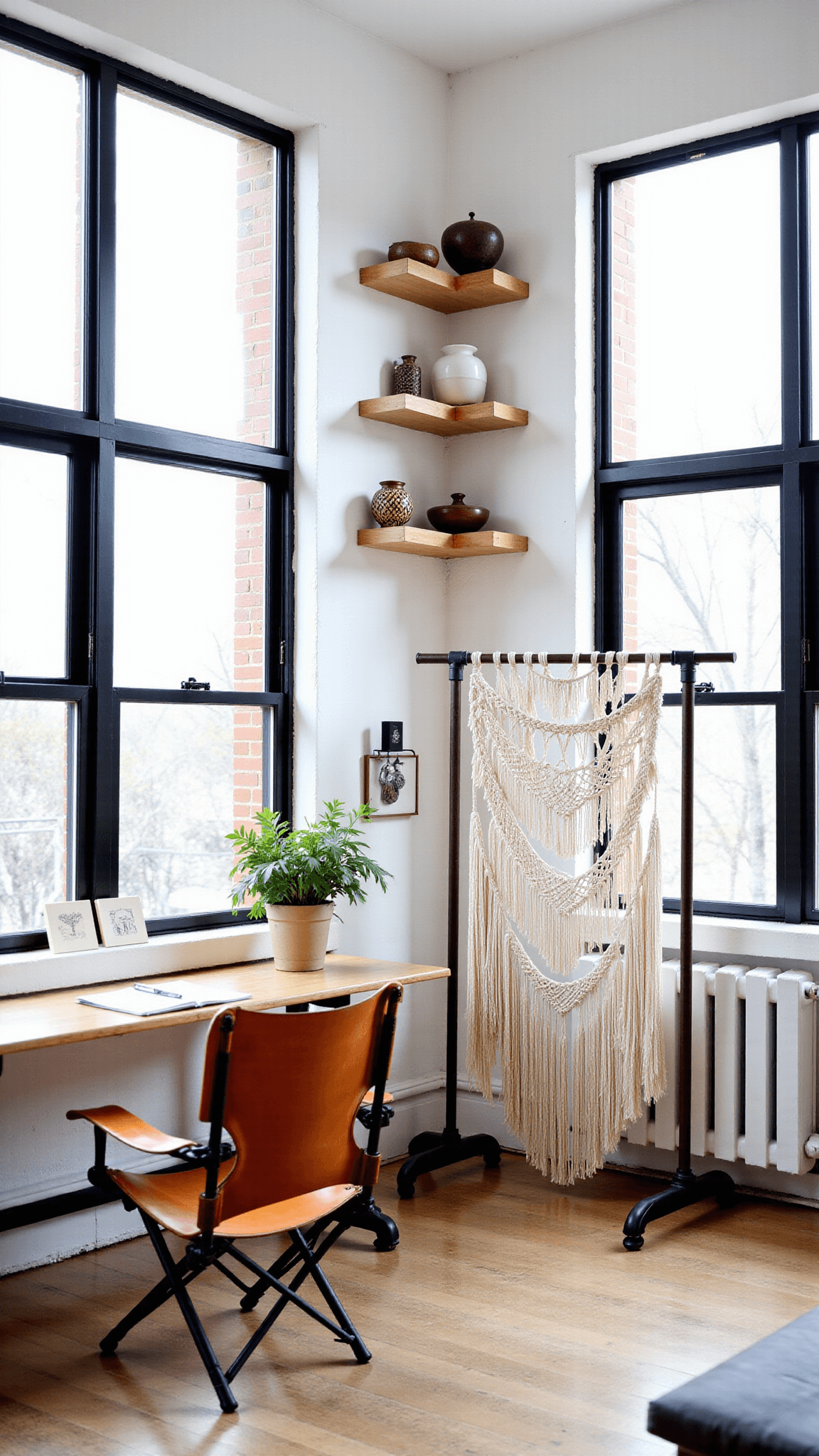 Bright, airy artist's sunroom with white brick walls, black steel-framed windows, vintage drafting table, leather butterfly chair, shelves with global artifacts, macramé room divider, and ceramics, depicting an authentic working space.