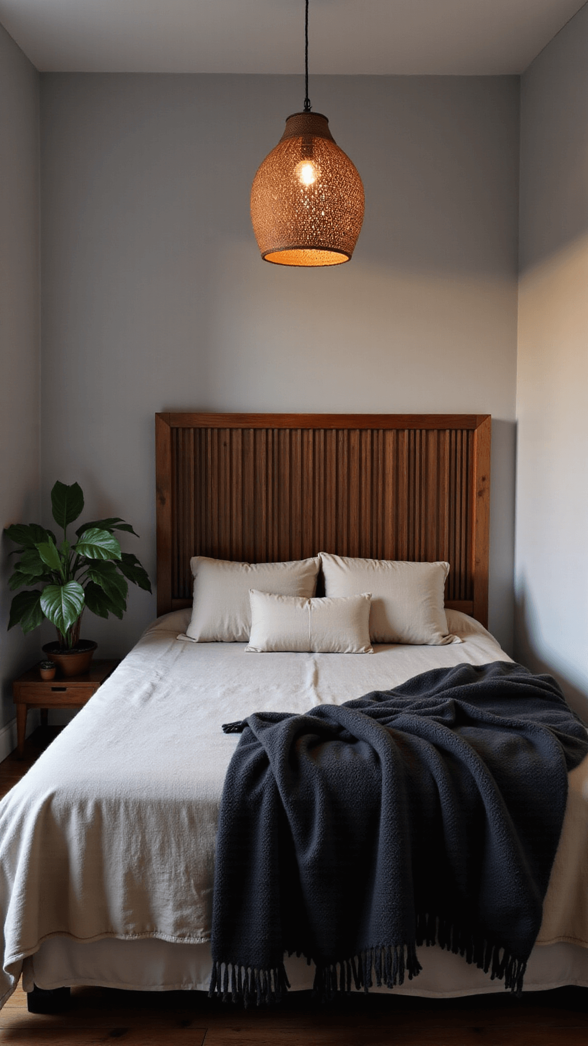 Cozy 8x10ft bedroom corner at dusk featuring a platform bed with oatmeal linen bedding, slatted teak headboard, woven paper lantern, potted monstera, and a handwoven charcoal wool throw against light gray walls, captured at a low angle with a wide-angle lens, highlighting warm artificial lighting.