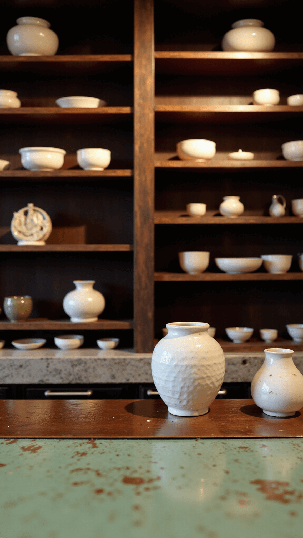 Close-up shot of hand-hammered copper bar top with natural patina, ceramic sake vessels in various sizes, against a weathered wooden shelf backdrop with soft spotlighting, captured through a macro lens.