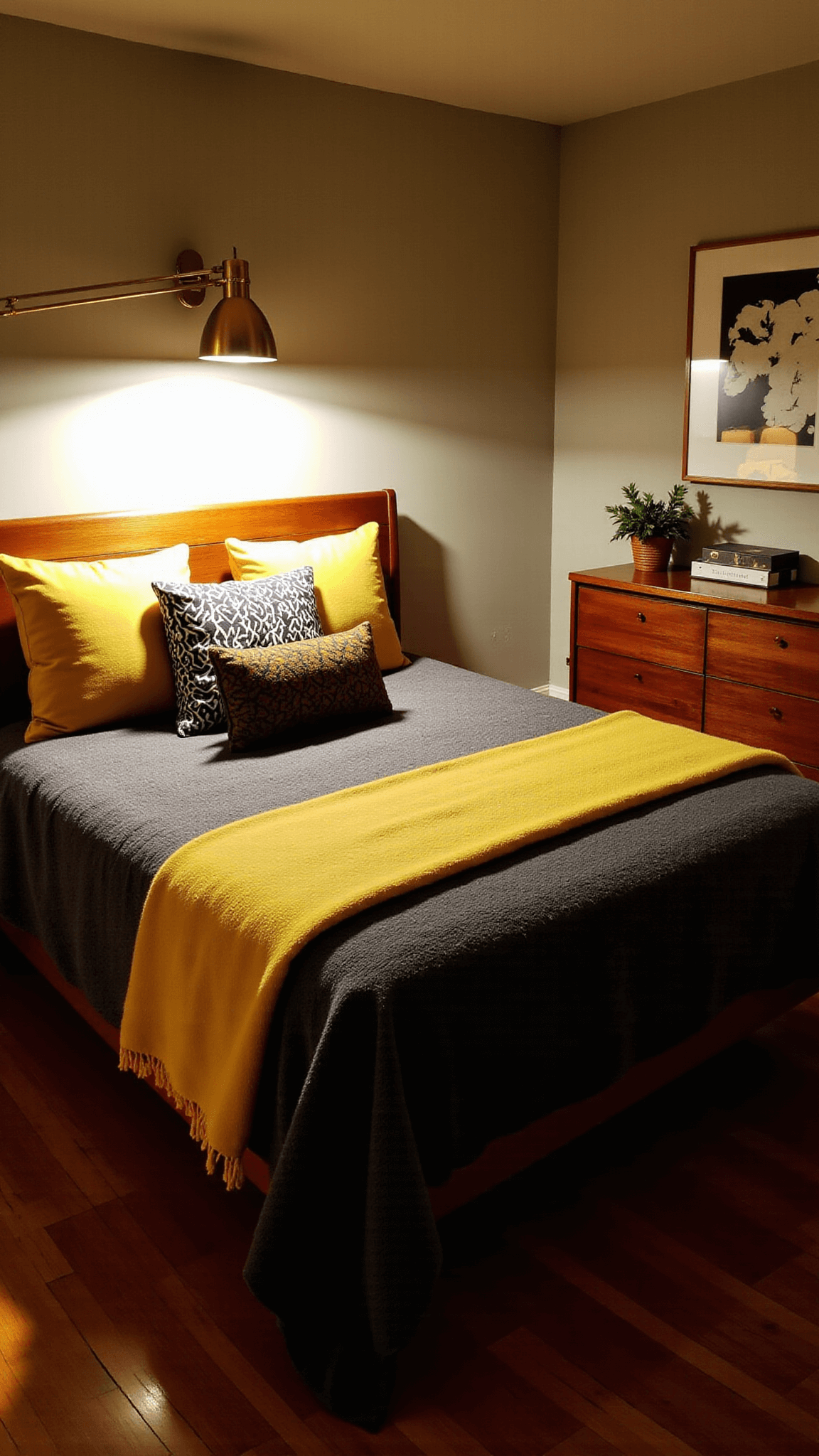 A cozy MCM styled 13x15ft bedroom at dusk with warm ambient lighting, a low-slung bed in textured charcoal linens, mustard yellow accents and a mix of geometric and organic pattern pillows, lit by a brass floor lamp alongside a teak credenza with vintage accessories.