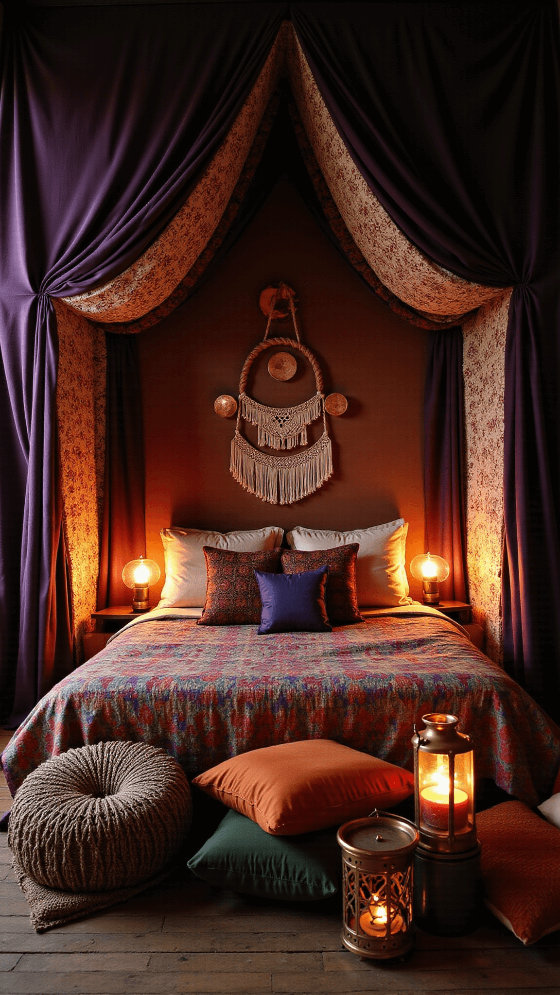 A bohemian sanctuary with a dramatic canopy bed draped in vintage sari fabrics, macramé wall installation, Moroccan lantern lighting, and a casual seating area with clustered floor cushions in a rich palette of purple, orange, and green.