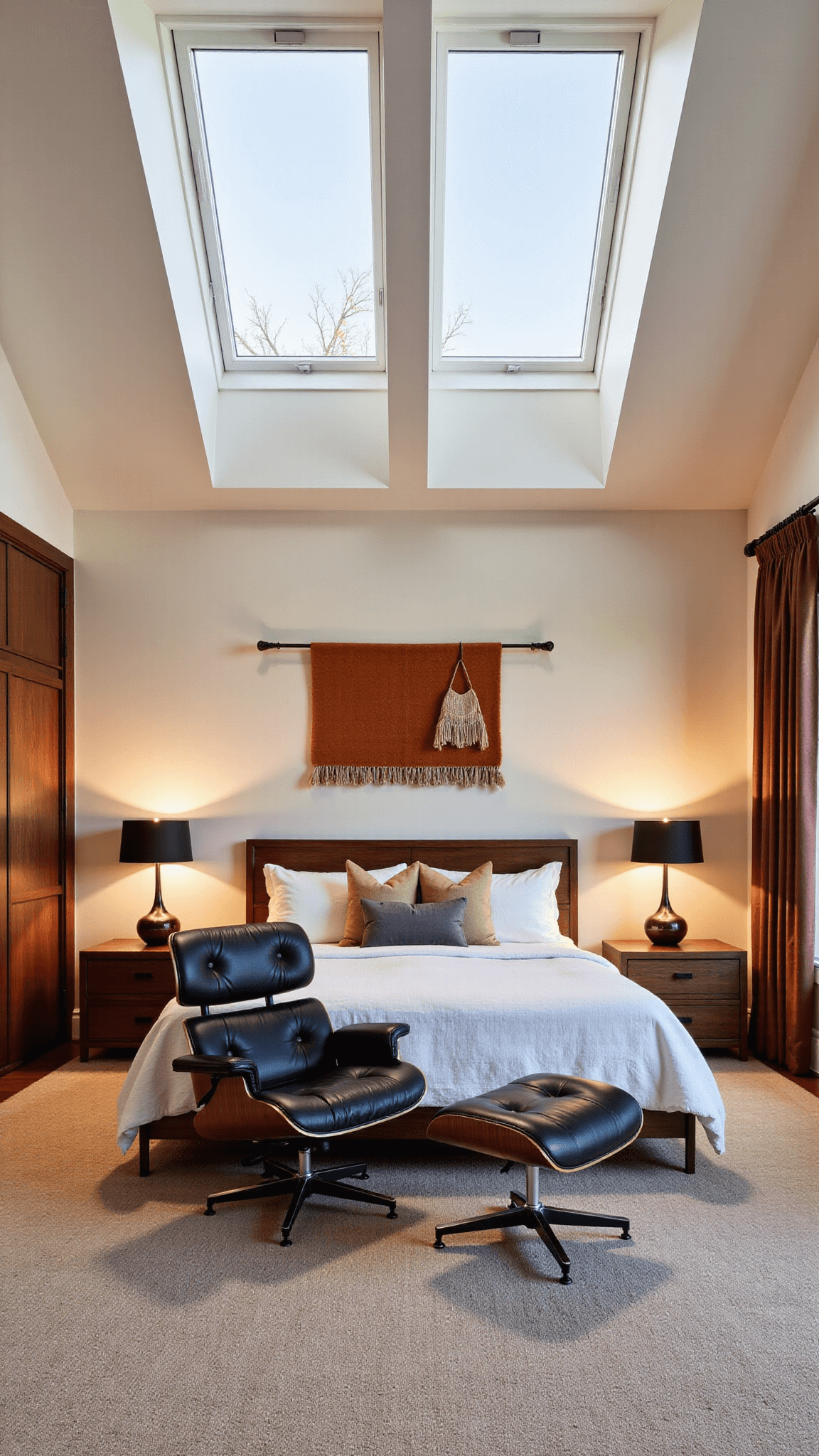 15x18ft modernist master bedroom at dusk with clerestory windows, walnut and brass bed frame, built-in floating nightstands, an Eames lounge chair and ottoman, textured with wool berber carpet, linen drapes, and a handwoven wall hanging with a color palette of cream, charcoal, and burnt orange.