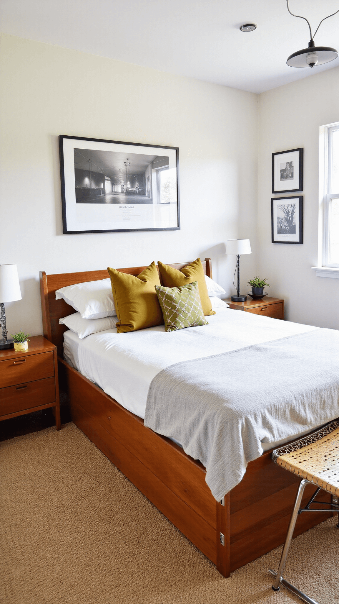 12x16ft vintage-modern fusion bedroom with mid-century furniture, contemporary pendant lighting, and an art gallery wall, enhanced by natural and warm artificial lighting.