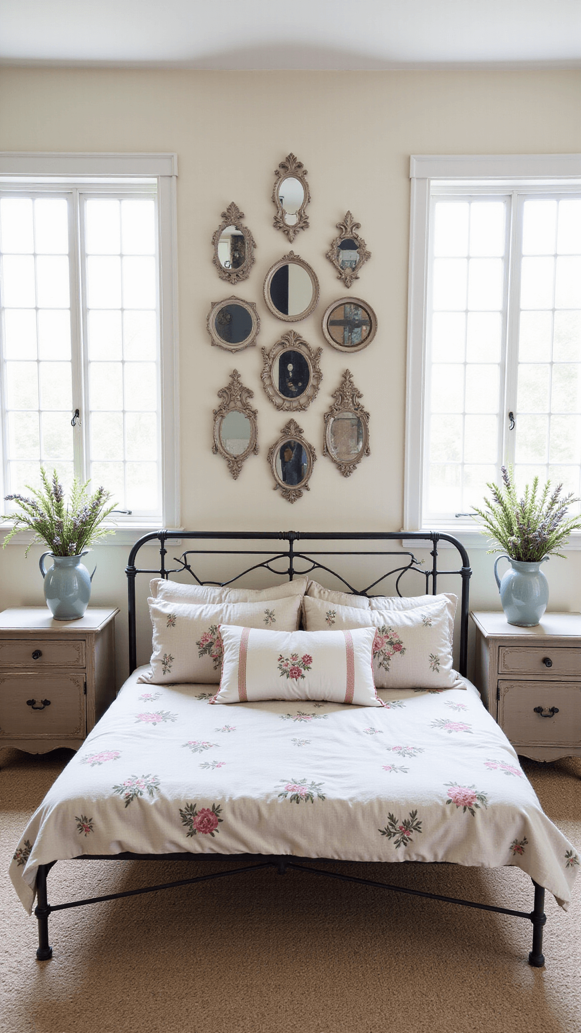 Mid-morning view of a charming countryside bedroom with vintage mirrors, a wooden dresser, floral cushions on a wrought iron daybed, and ceramic pitchers of wildflowers on distressed side tables.