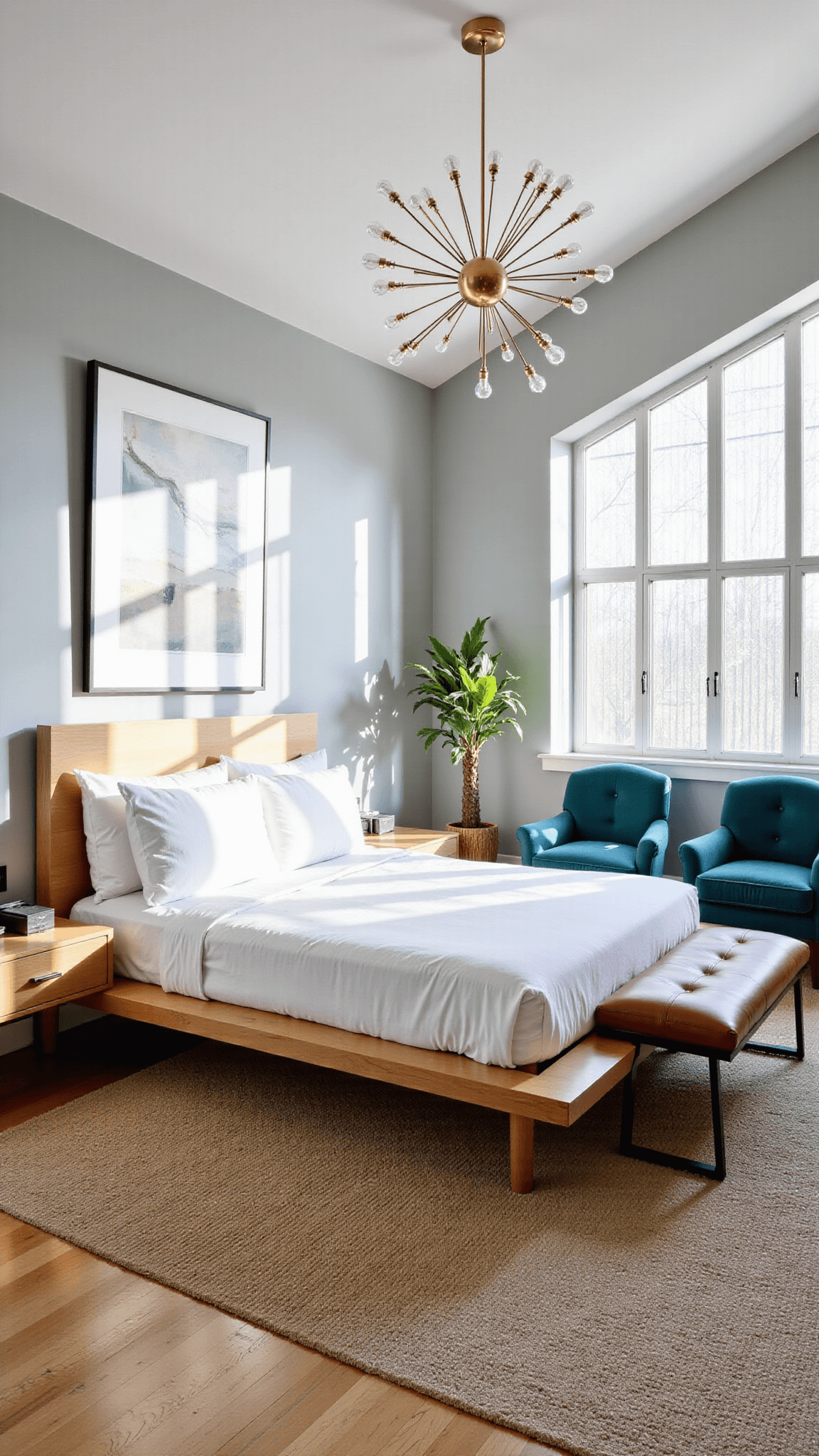Sunlit 15x18ft master bedroom with shadows from window screens, a bleached oak platform bed, floating nightstands, Sputnik chandelier, grey walls with teal accents, brass hardware, wool rug, and leather bench, viewed from a high angle.