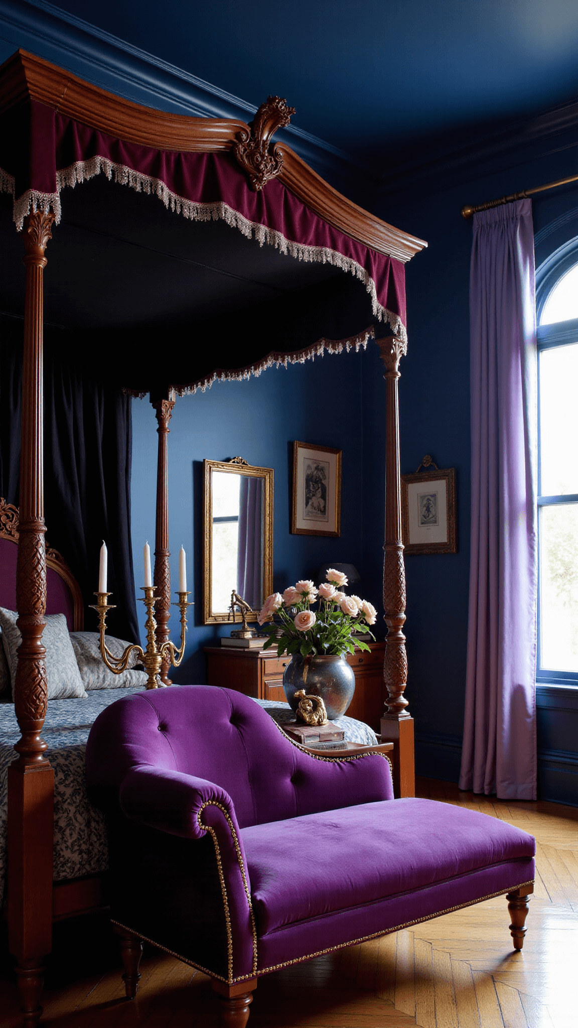 Victorian-inspired bedroom at dusk with deep blue walls, ornate crown molding, draped four-poster bed, twinkling fairy lights, vintage mirrors, antique velvet chaise, and a constellation of brass celestial decor.