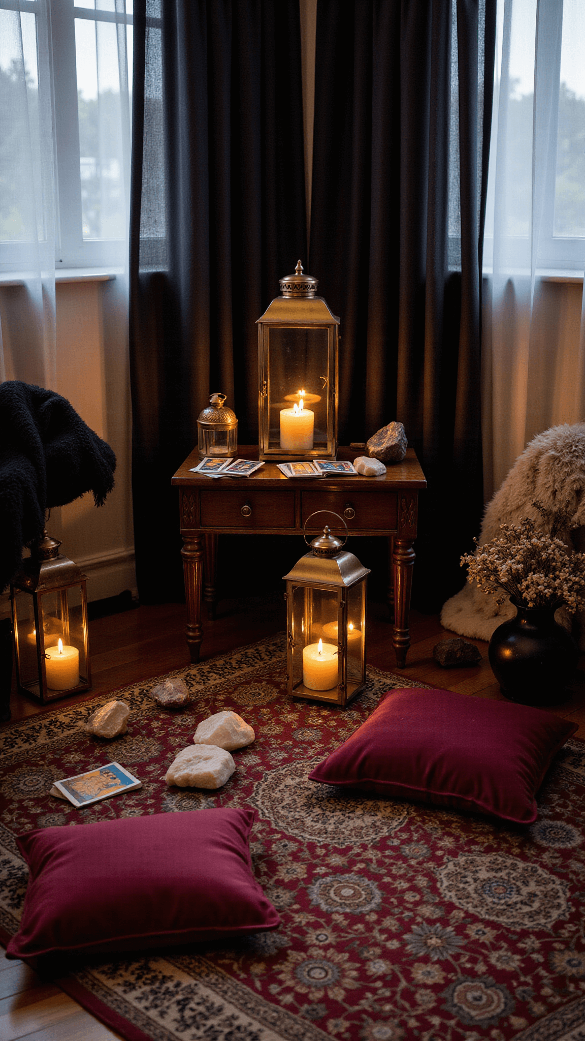 Twilight view of a cozy, mystical 8x8 ft meditation space with burgundy and black velvet floor cushions, dark metallic-threaded curtains, illuminating brass lanterns, crystal geodes, vintage Persian rug, tarot cards on a carved table, and dried flowers in dark vessels.