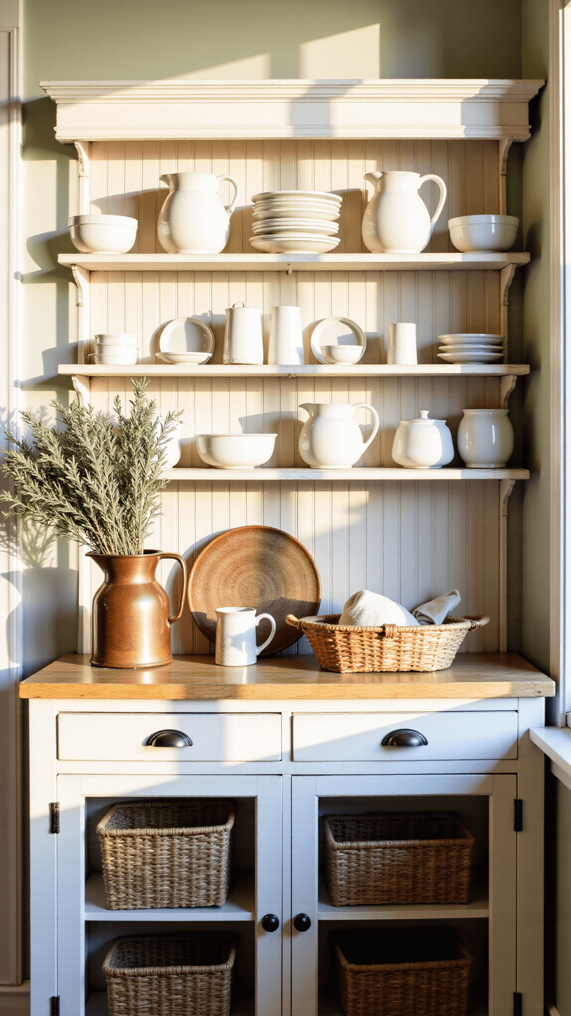 Sunlit farmhouse kitchen with vintage ceramics on a white oak hutch, dried herbs in copper pitcher, and woven baskets on lower cabinets.