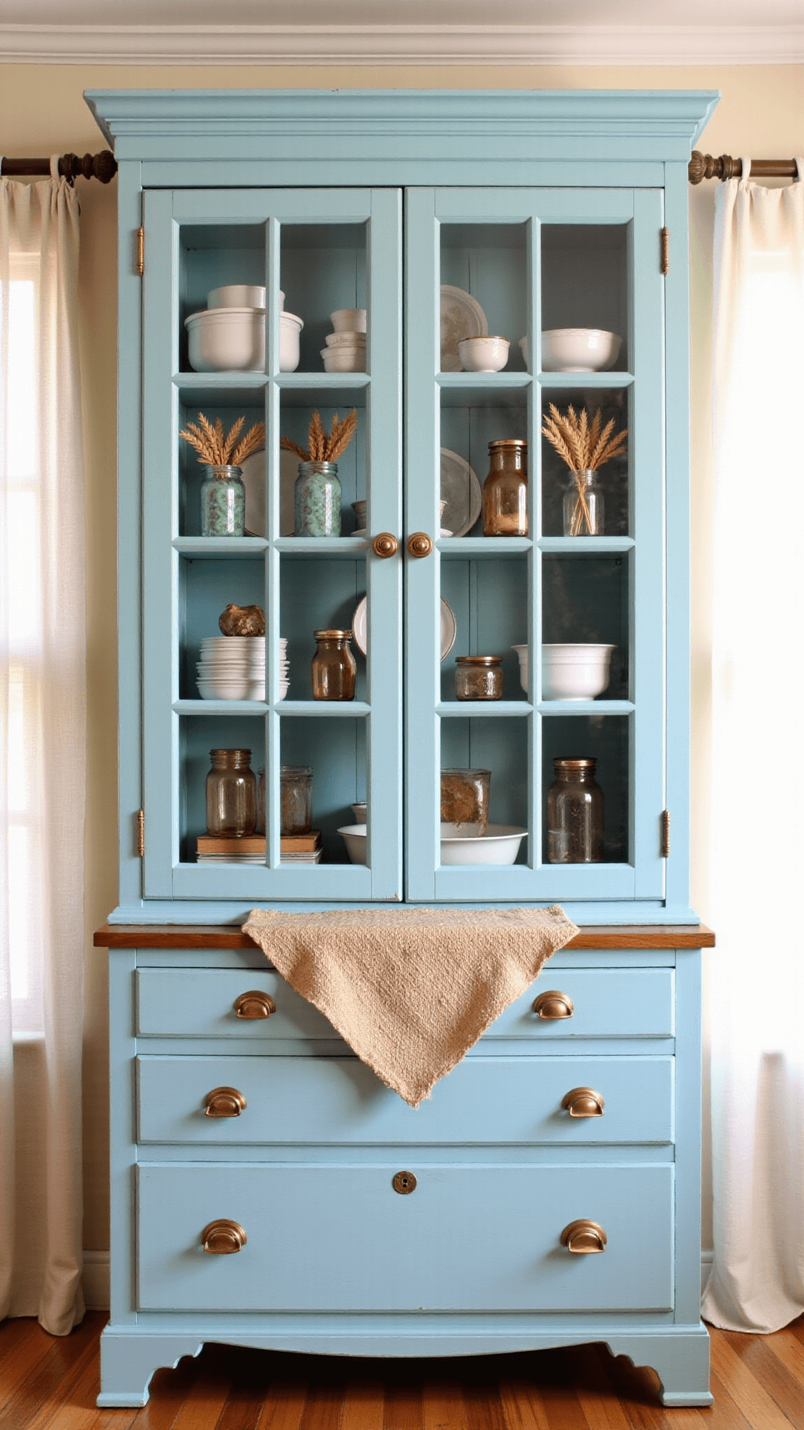 Colonial-style hutch in robin's egg blue with milk glass and jadite dish collection, mason jars filled with dried wheat on shelves, vintage brass pulls on lower drawers, and a handwoven table runner under morning sunlight streaming through sheer linen curtains