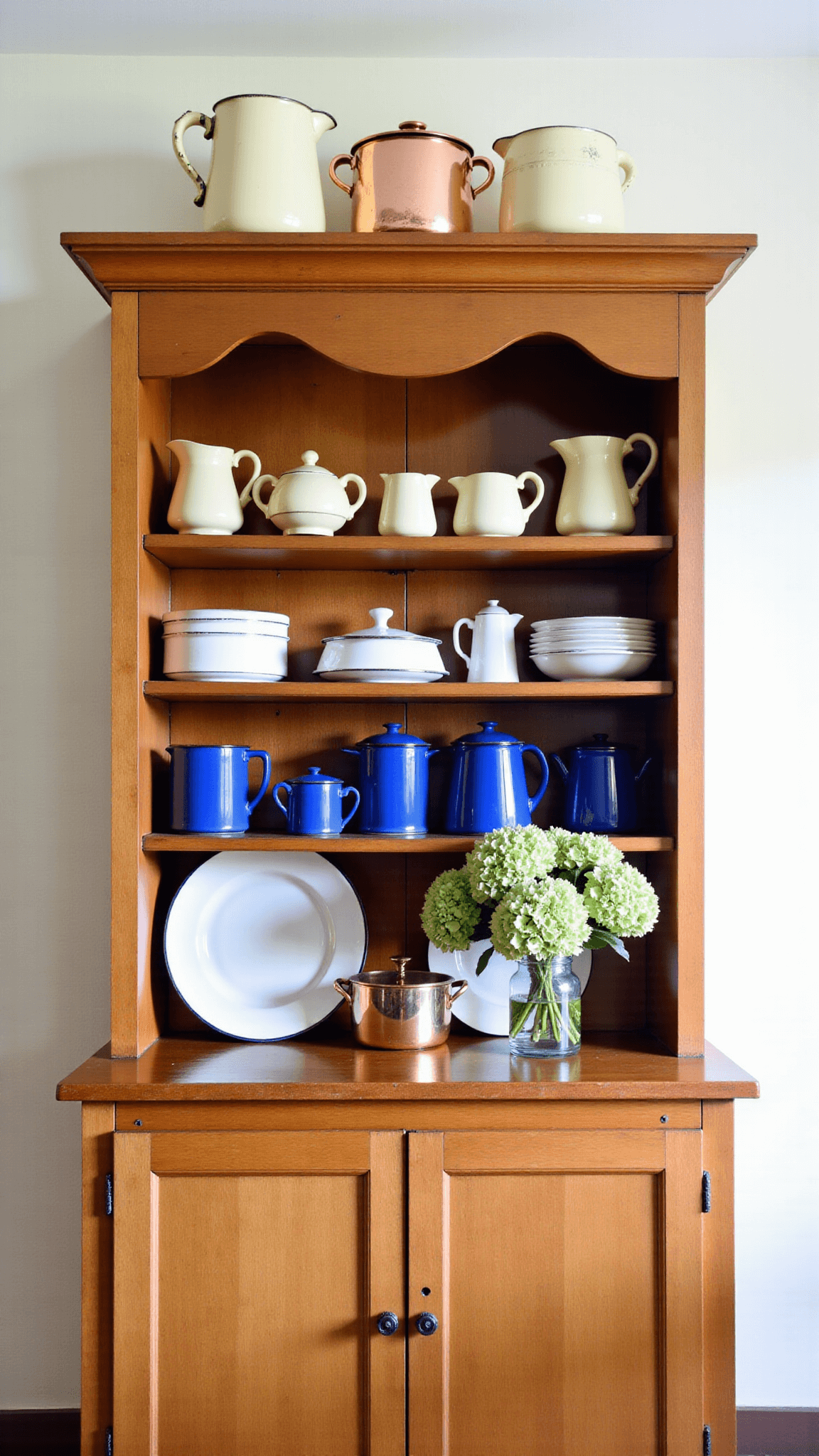 Grand 8ft tall pine hutch in a spacious kitchen showcasing vintage enamelware, weathered copper pots on upper shelves, white ironstone pitchers and fresh hydrangeas in clear glass vase in late afternoon sunlight.