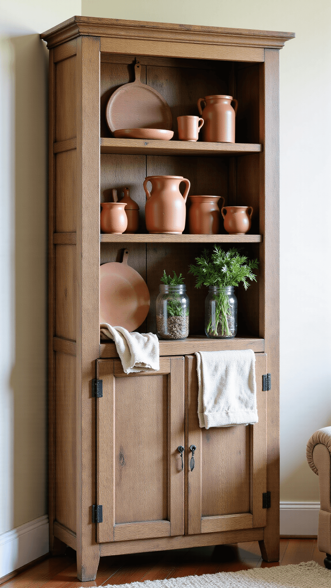 Reclaimed barn wood hutch showcasing vintage bread boards, earthenware crocks, and a handspun pottery collection in morning light, accompanied by fresh herbs in mason jars and draped grain sacks.