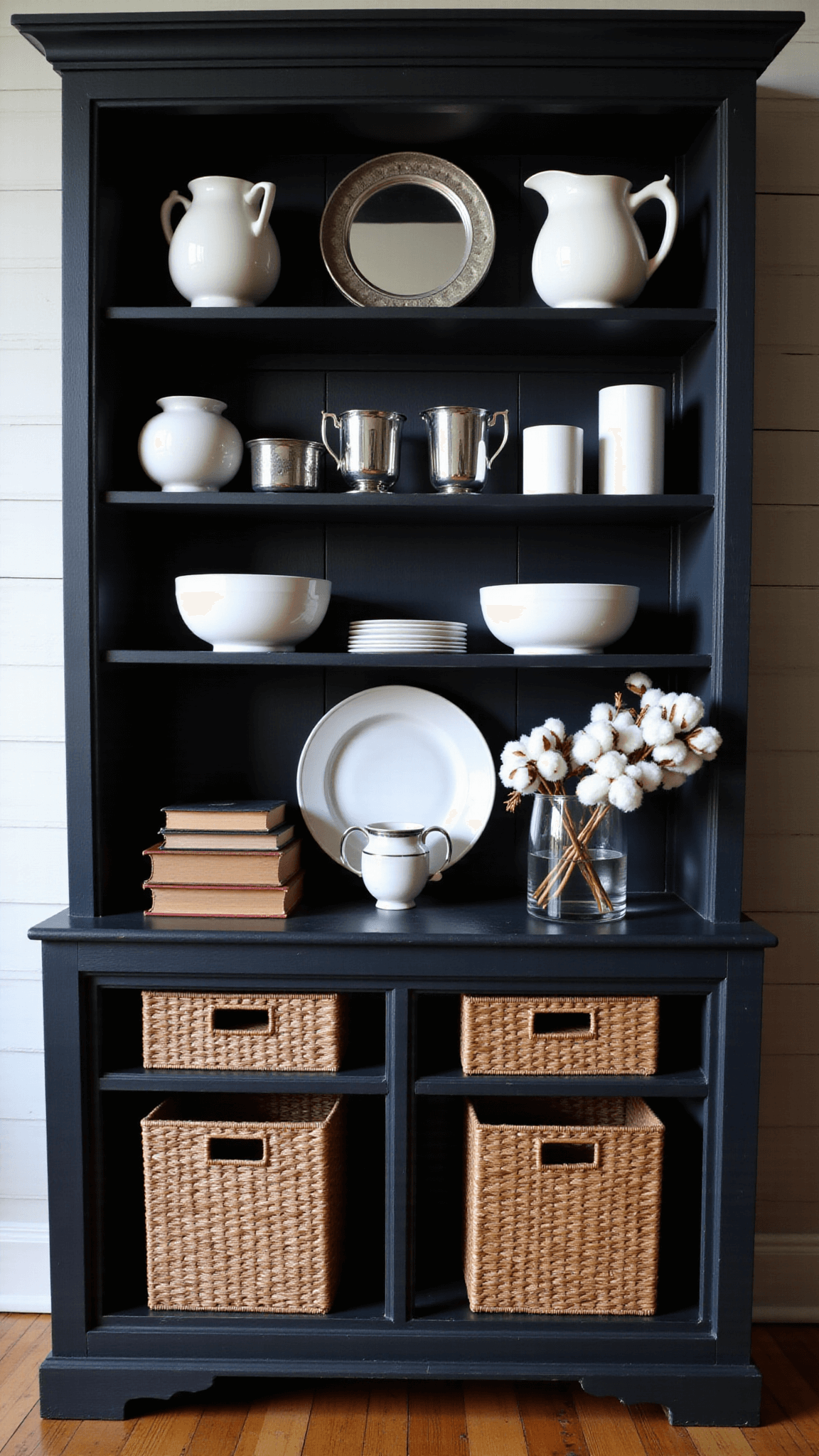 7ft black hutch against shiplap walls in moody afternoon light, with white ceramics and glass contrasting the dark backdrop; vintage silver items reflecting light, dried cotton stems in a clear vase, and lower cabinets holding woven textures and aged leather-bound books.