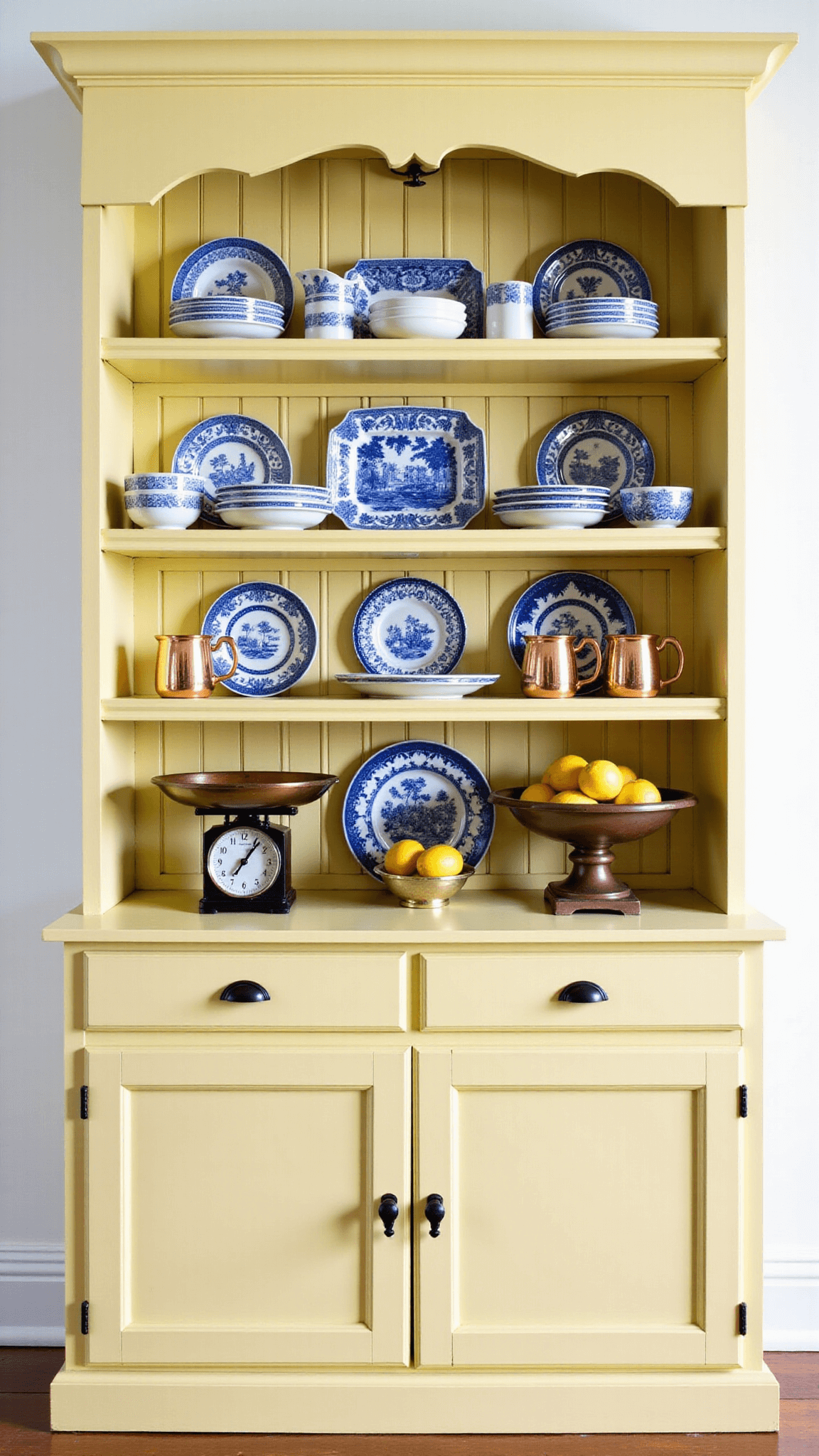 Vintage kitchen with buttermilk yellow hutch displaying blue and white transferware plates, copper mugs, and a collection of old scales, accented with fresh lemons in pottery bowls