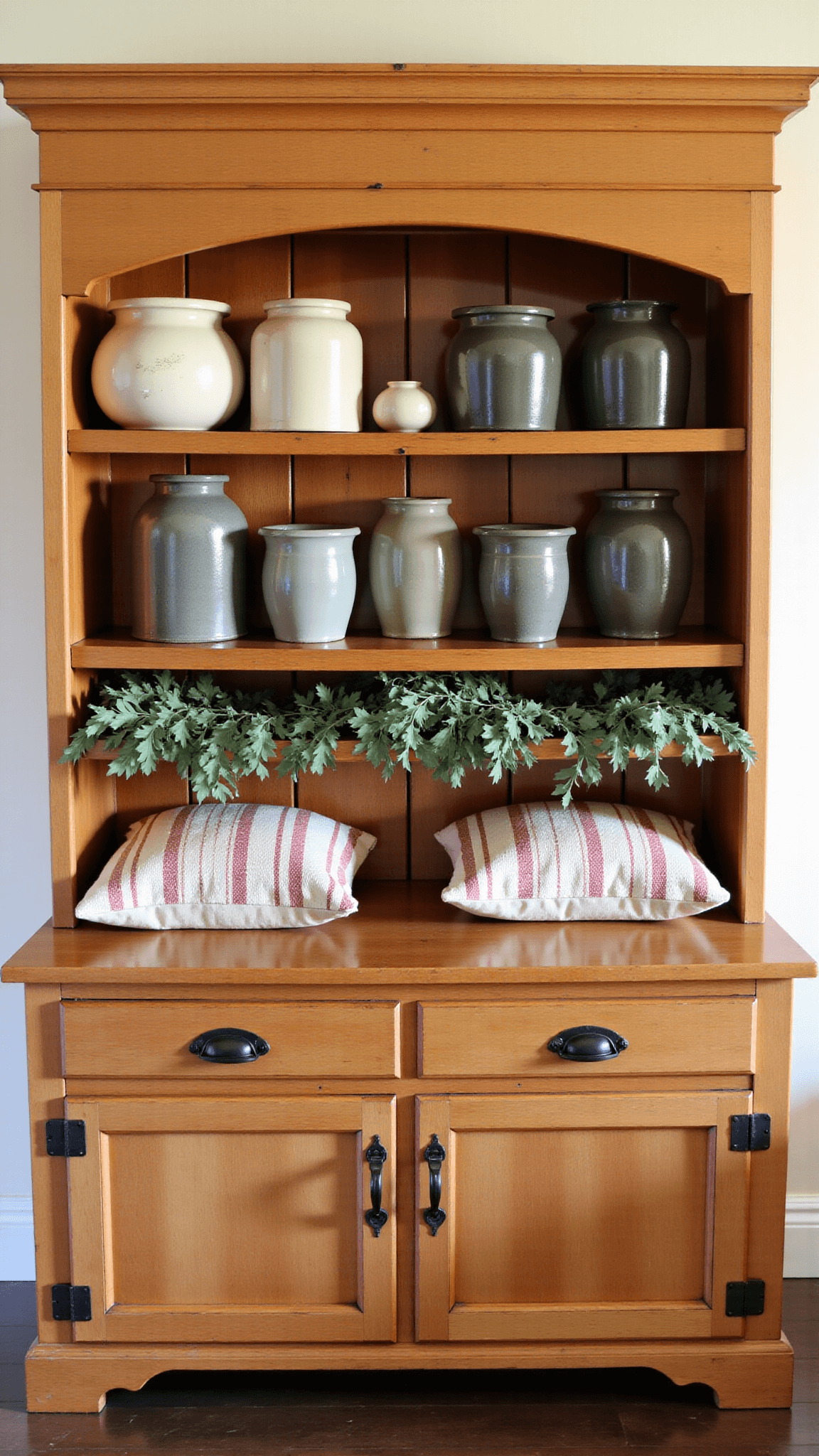 Tall raw pine hutch bathed in golden light with vintage stoneware crocks, hand-forged iron hardware, grainsack pillows, and fresh eucalyptus wreaths, shot at a 45-degree angle for a romantic soft focus effect.
