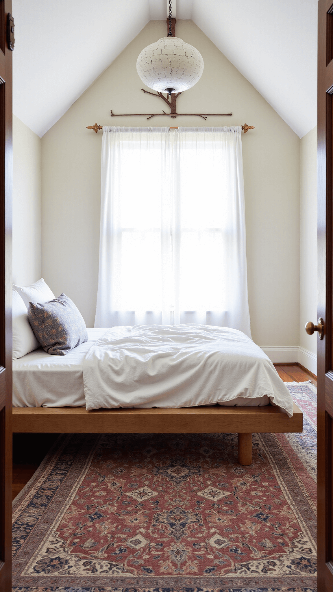 Tranquil 10x12ft bedroom sanctuary with cathedral ceiling, dawn light filters through sheer linen curtains onto a platform bed made from reclaimed barn wood with rumpled organic cotton bedding, century-old Persian rug, crackled ceramic pendant light, and wall-mounted branch art in colors of bone white, faded indigo, warm walnut, and aged brass.