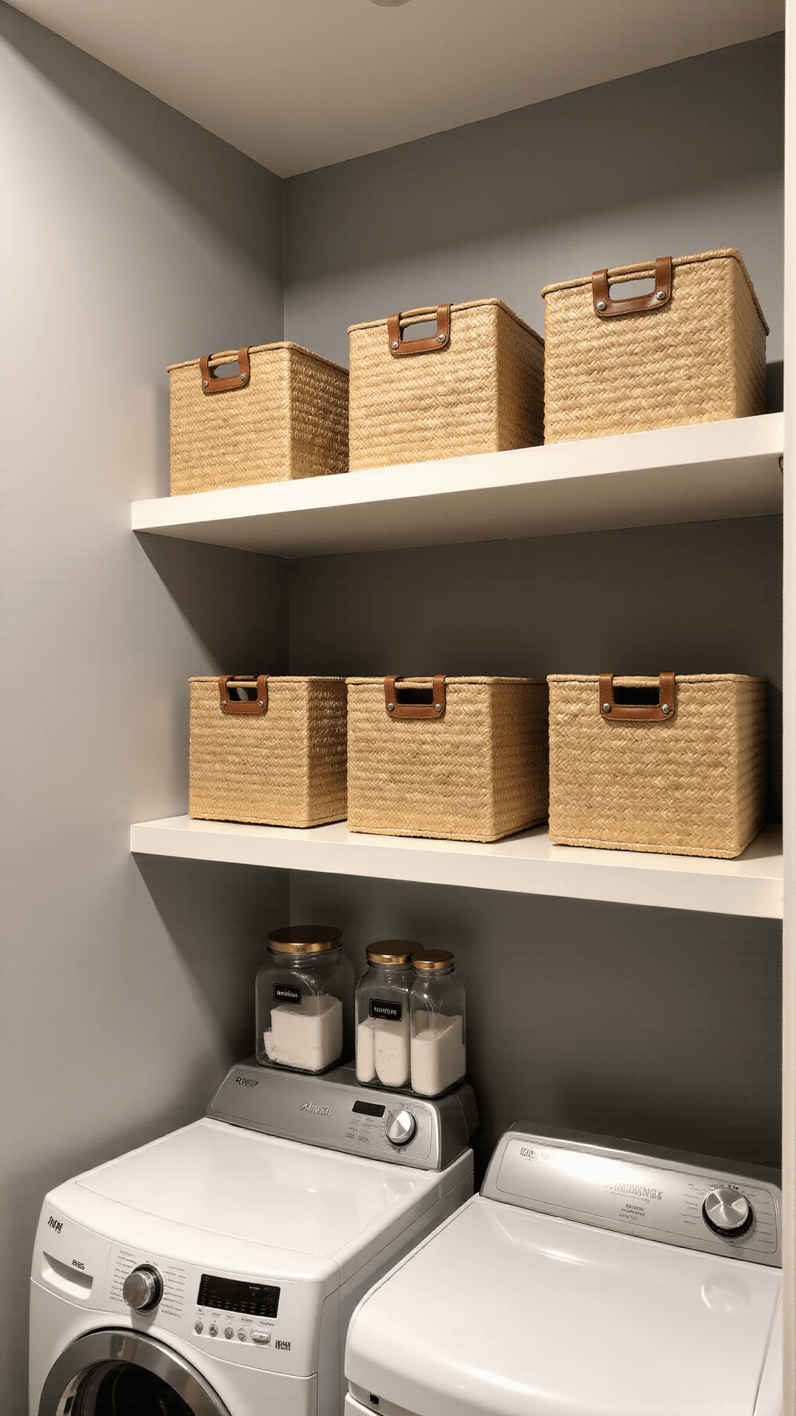 Overhead view of a contemporary 7x7ft utility room with white floating shelves against warm gray walls, filled with seagrass baskets and clear glass jars during golden hour.