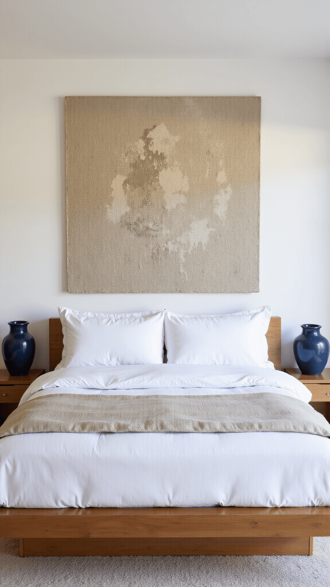 Elevated view of a 16x18ft primary suite featuring a California king bed with tonal white and beige linen bedding, oversized abstract textile art on the wall, midnight blue ceramic vessels on floating nightstands, and natural and artificial lighting sources, creating depth.