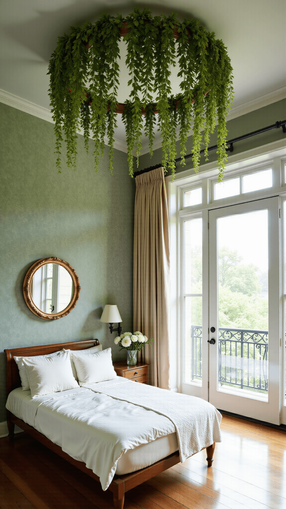 14x16 feet garden-themed bedroom with a round bed in a flower frame, French doors, living wall systems, custom botanical motif wallpaper in green and gold, and butterfly mobiles illuminated by mid-morning sunlight and green spotlights.