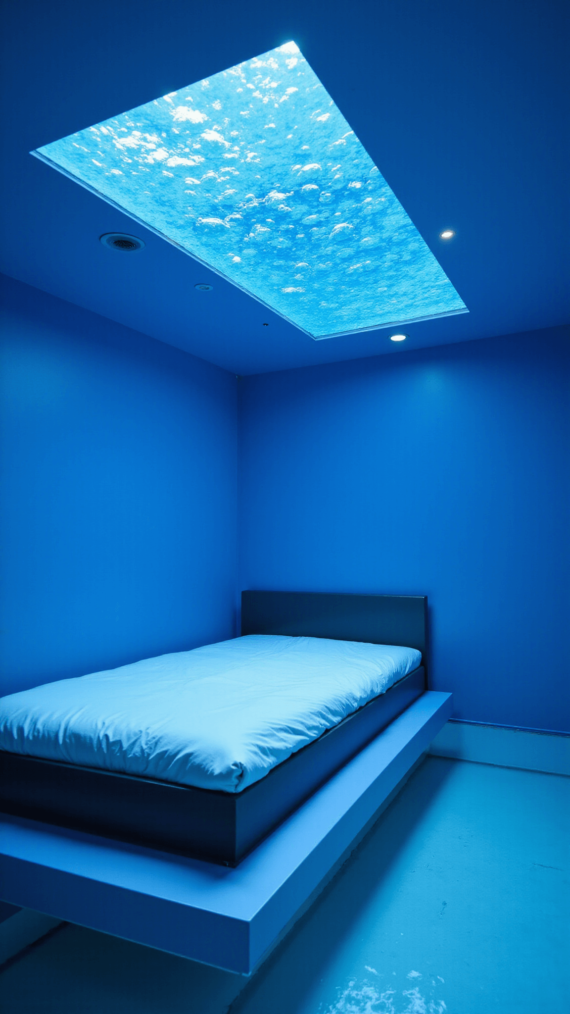 Underwater-themed fantasy suite with a wave-textured ceiling, blue-tinted skylight, floating-platform bed above a glass floor with fiber optic lights, pearlescent wall paint, and suspended glass bubble sculptures.