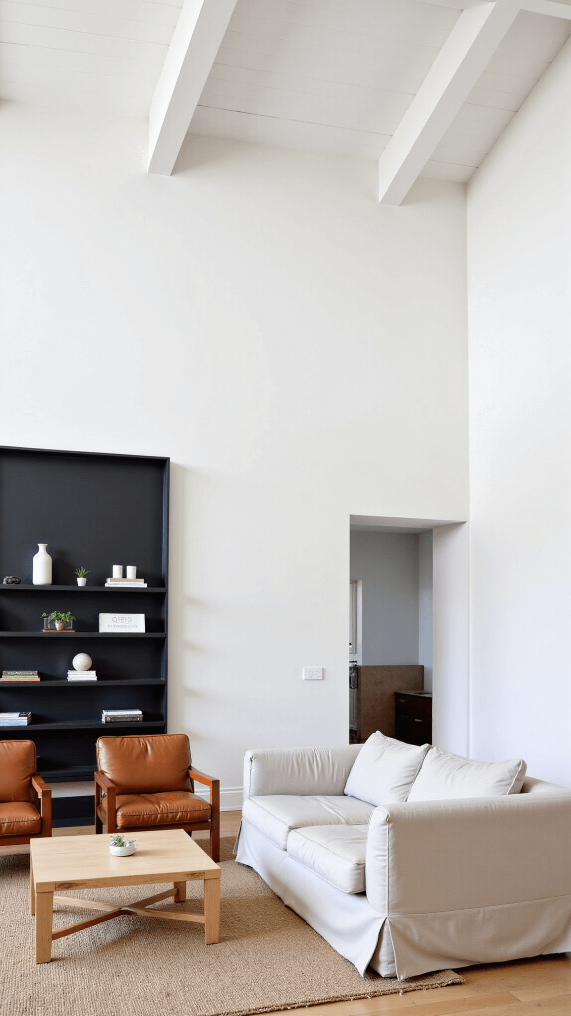 Bright, minimalist 20x24ft great room with high ceilings and exposed white beams, greige linen sectional, vintage leather chairs, blonde wood coffee table and black steel accent wall with curated objects on floating shelves, viewed from a mezzanine level at a 30-degree angle.