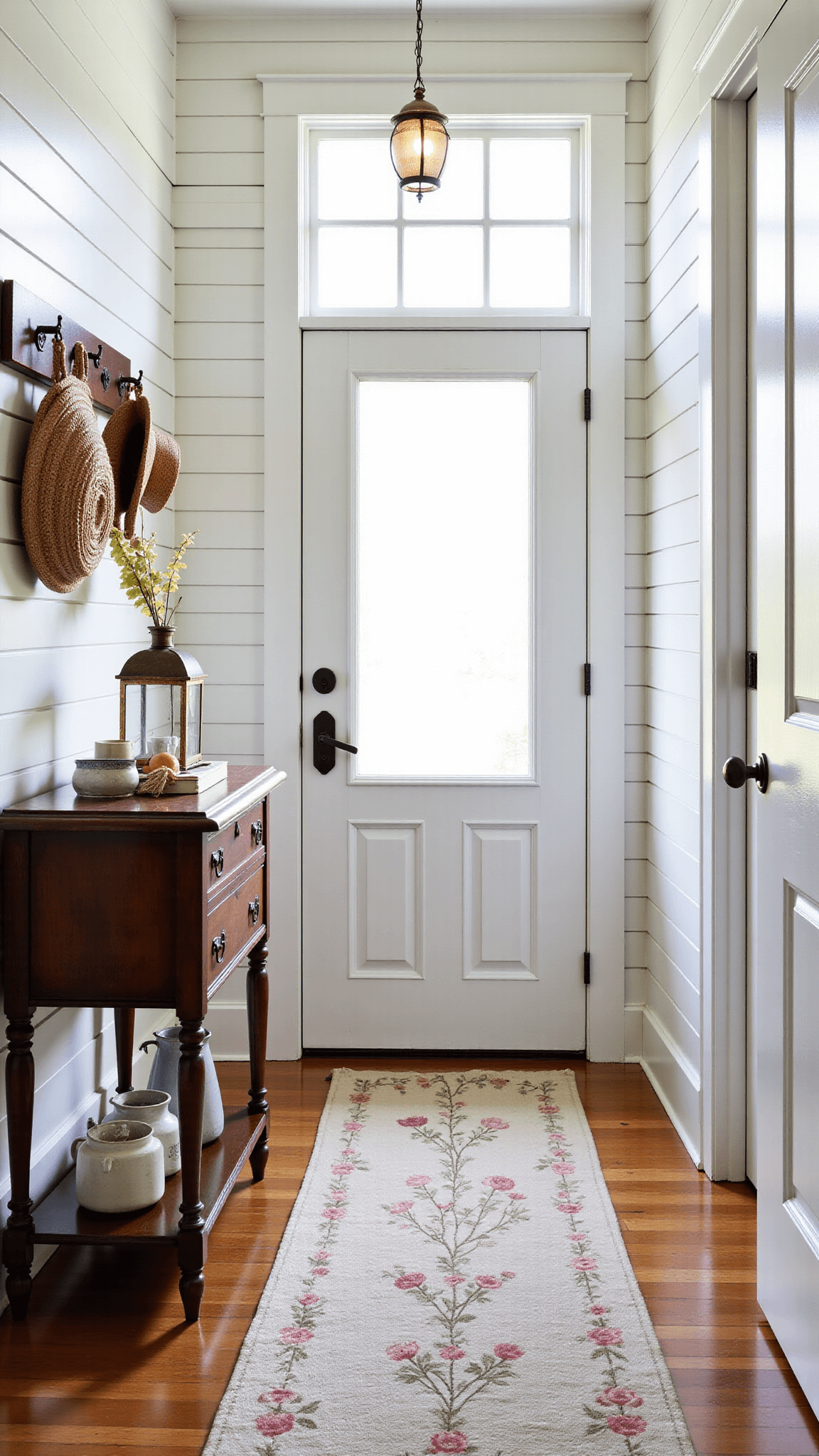 Late morning sunlight illuminating an entry hallway with antique furniture, salvaged coat hooks holding market bags and hats, a vintage runner with faded roses, and a brass lantern pendant against warm white shiplap walls.