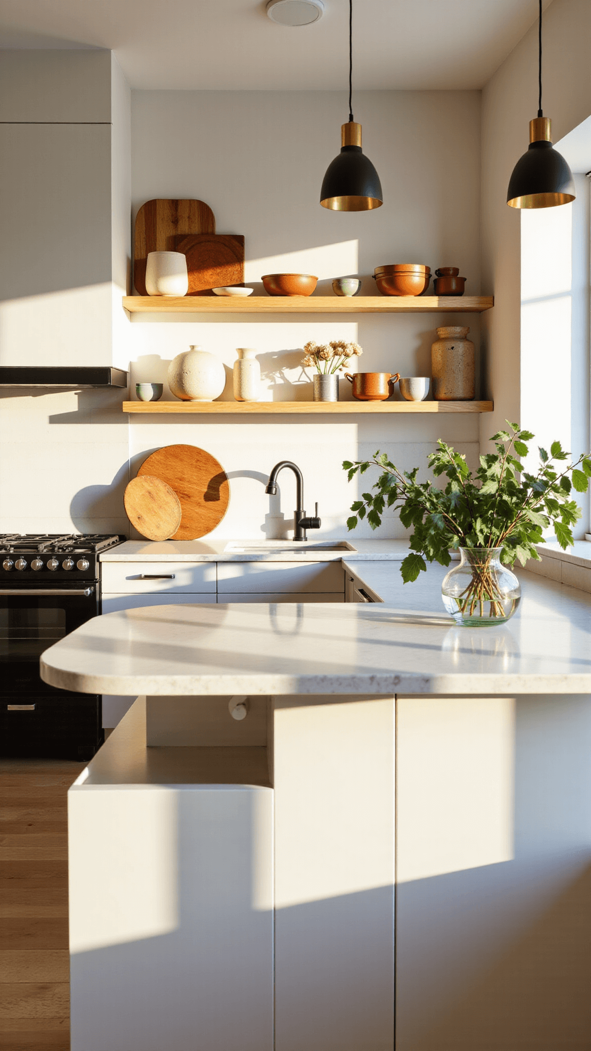 Modern kitchen with sunlight illuminating white marble benches, black fixtures, wooden shelving, and artisanal kitchenware during golden hour.