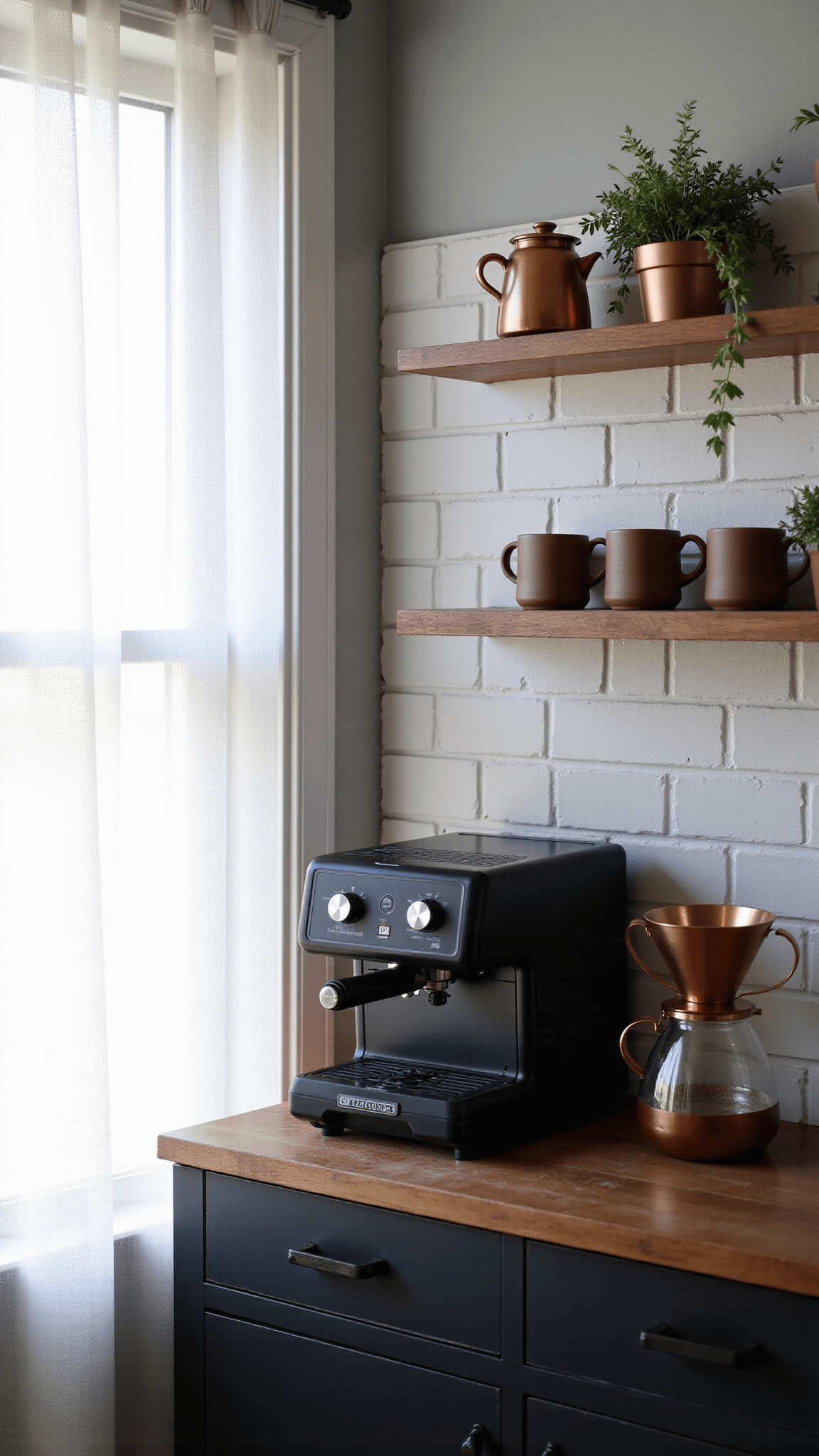 Contemporary kitchen corner at dawn featuring a minimalist coffee station with matte black espresso machine, handcrafted pottery mugs, and a bronze pour-over setup, illuminated by light filtering through sheer linen curtains.