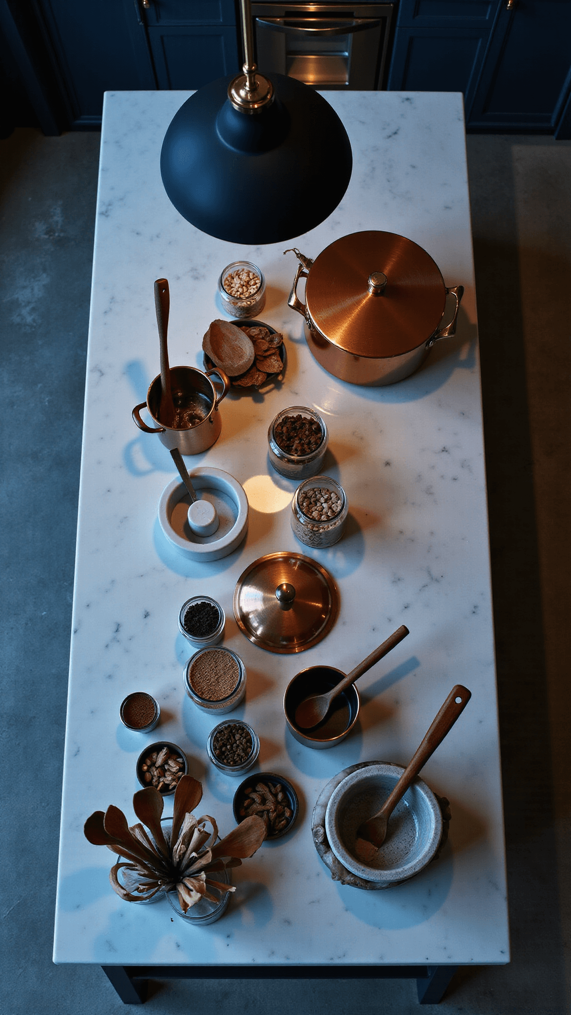 Overhead view of a chef's kitchen island with copper pots, marble mortar and pestle, wooden spoons and glass canisters, lit by modern pendant lights in a cool-toned palette during blue hour.