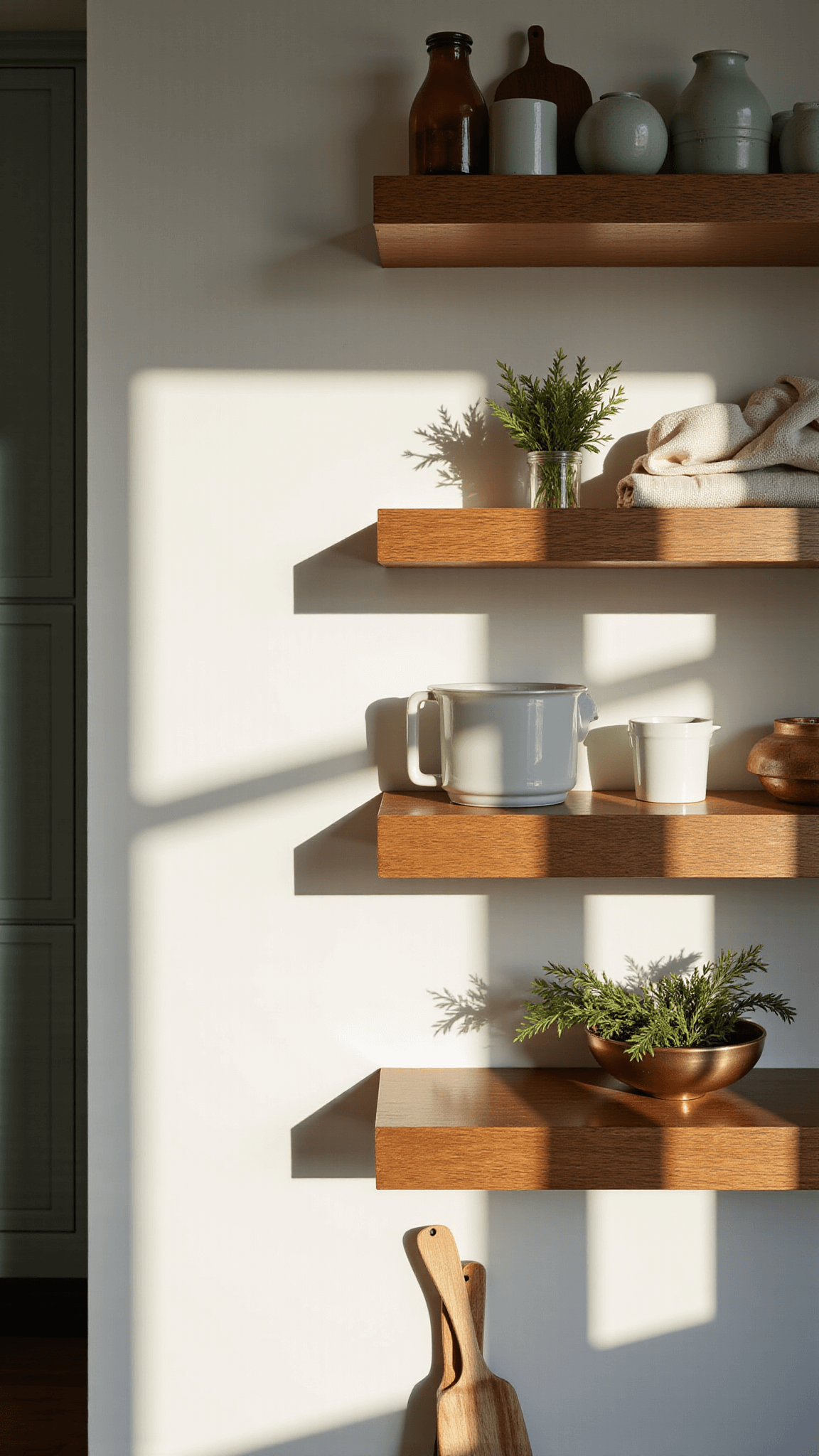 Modern farmhouse kitchen with vintage stoneware and brass utensils on open white oak shelves, backlit by late afternoon light against sage green cabinetry, captured with an 85mm lens at f/4 for bokeh effect.